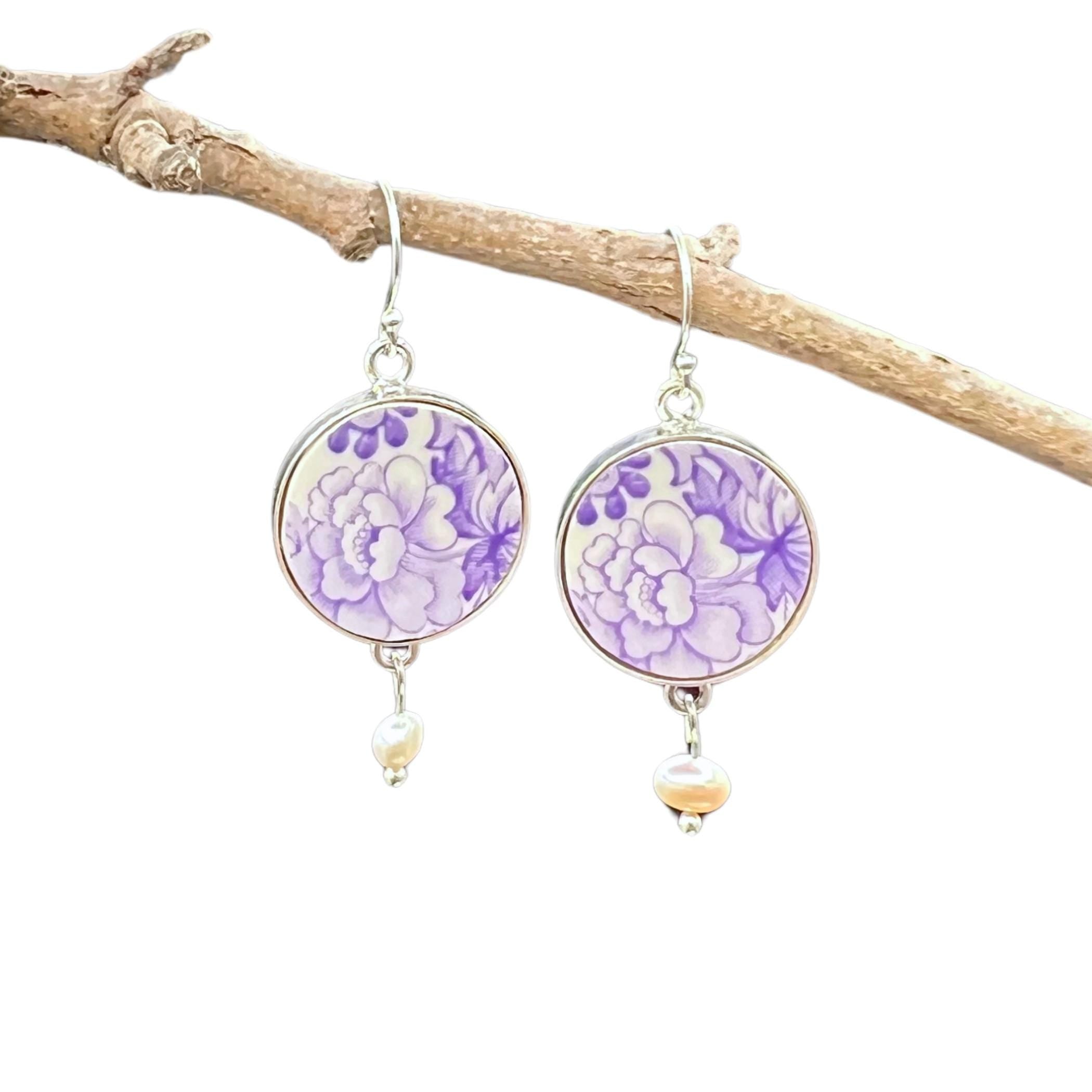 Dainty Purple Lavender Transferware Spode China Necklace Earrings Gift for Mothers Day, Upcycled Vintage China Jewelry with Sterling Silver