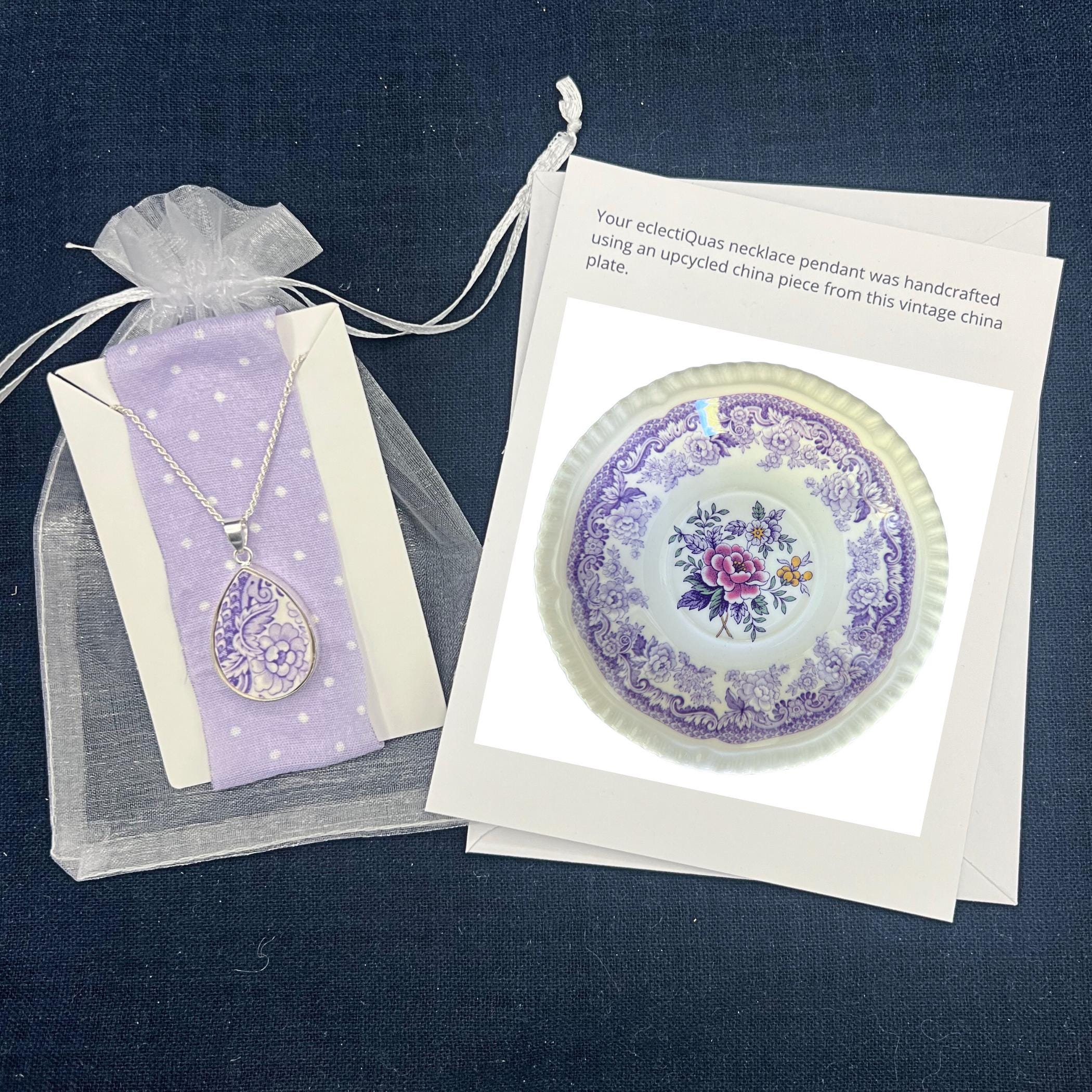 Dainty Purple Lavender Transferware Spode China Necklace Earrings Gift for Mothers Day, Upcycled Vintage China Jewelry with Sterling Silver