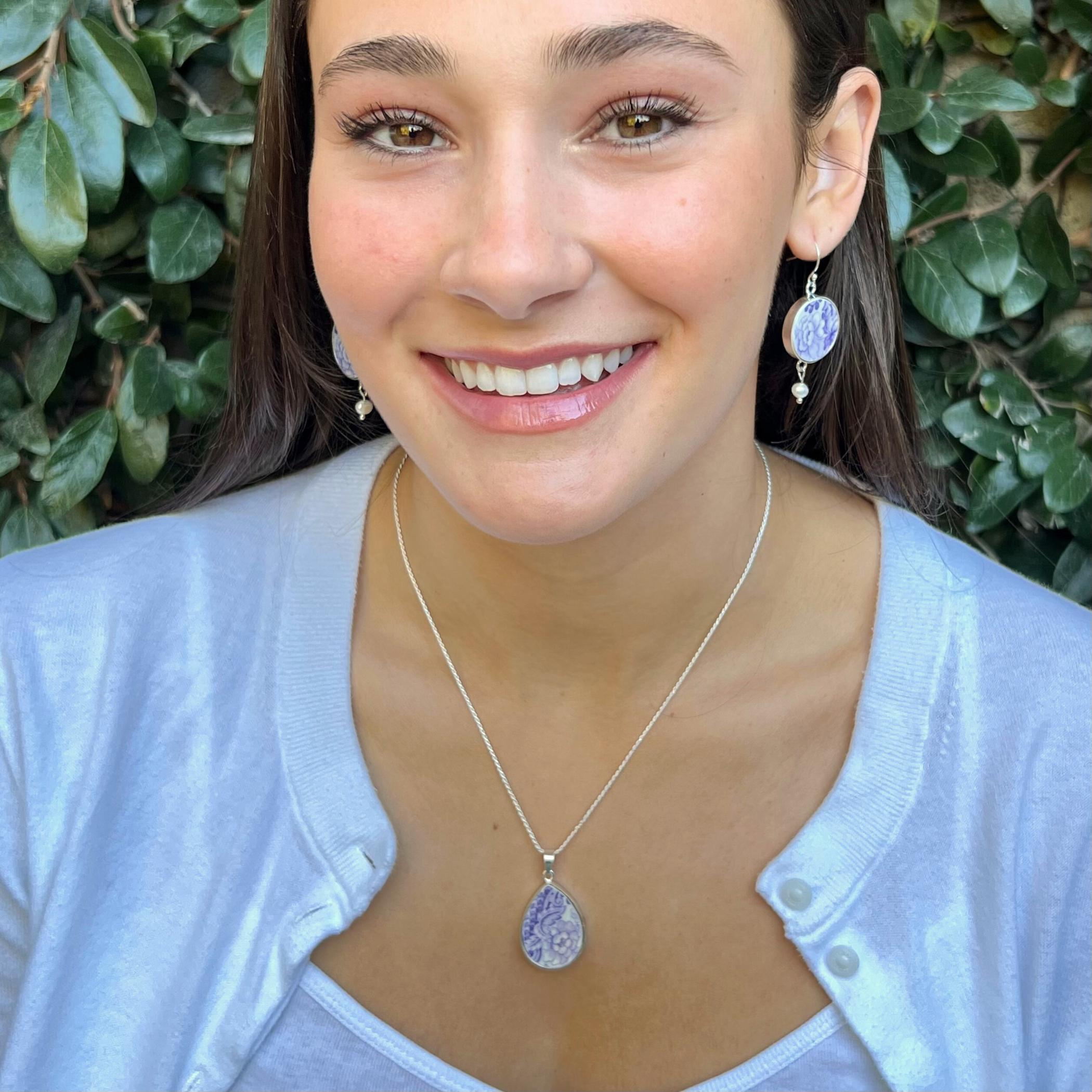 Dainty Purple Lavender Transferware Spode China Necklace Earrings Gift for Mothers Day, Upcycled Vintage China Jewelry with Sterling Silver