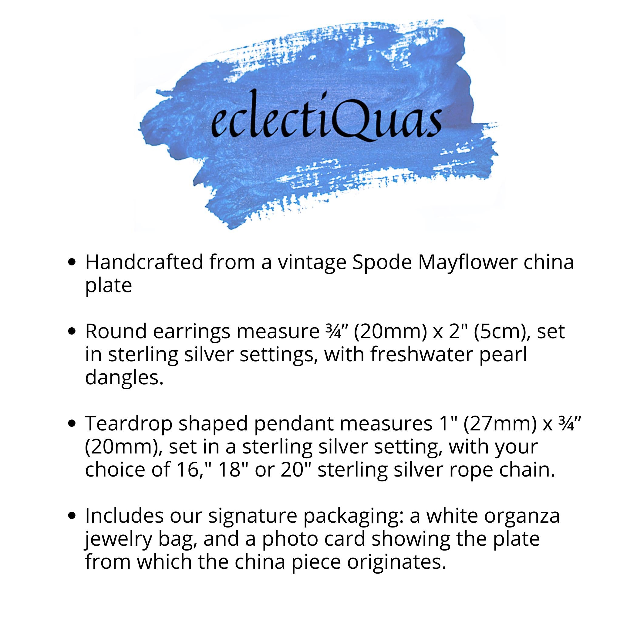 Dainty Purple Lavender Transferware Spode China Necklace Earrings Gift for Mothers Day, Upcycled Vintage China Jewelry with Sterling Silver