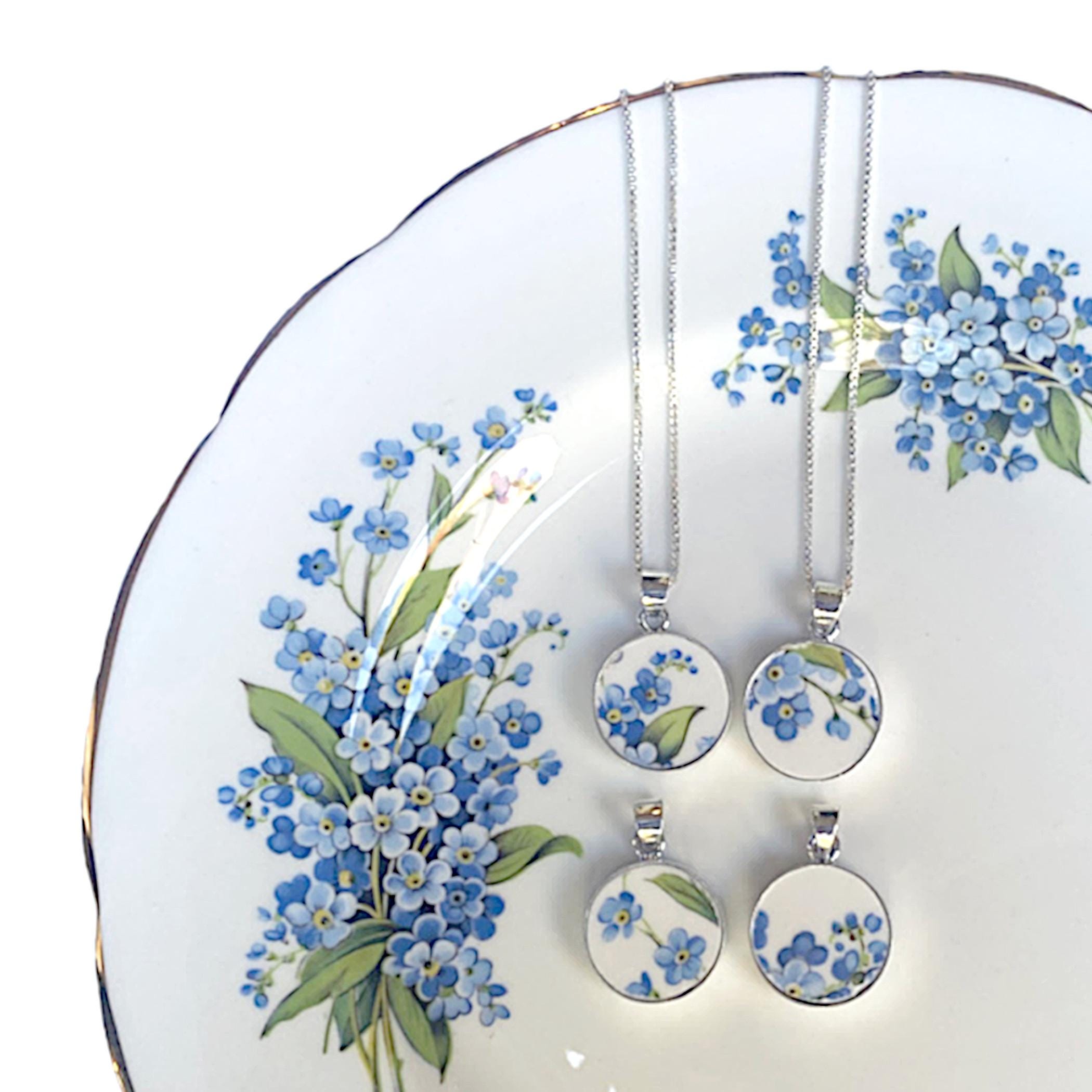 Dainty Broken China Jewelry Gifts for Her, Vintage Blue Flower Necklaces with Forget Me Not China Pendants handmade with Repurposed China