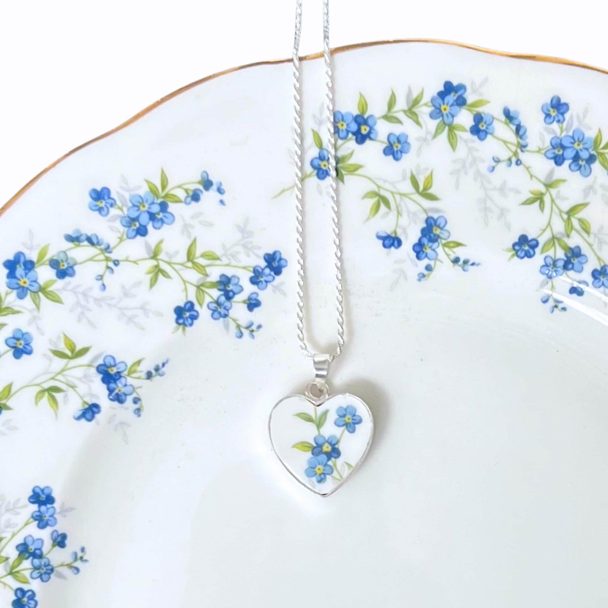 Dainty Forget Me Not Heart China Necklace handmade with Upcycled Porcelain Blue Flower Pendant