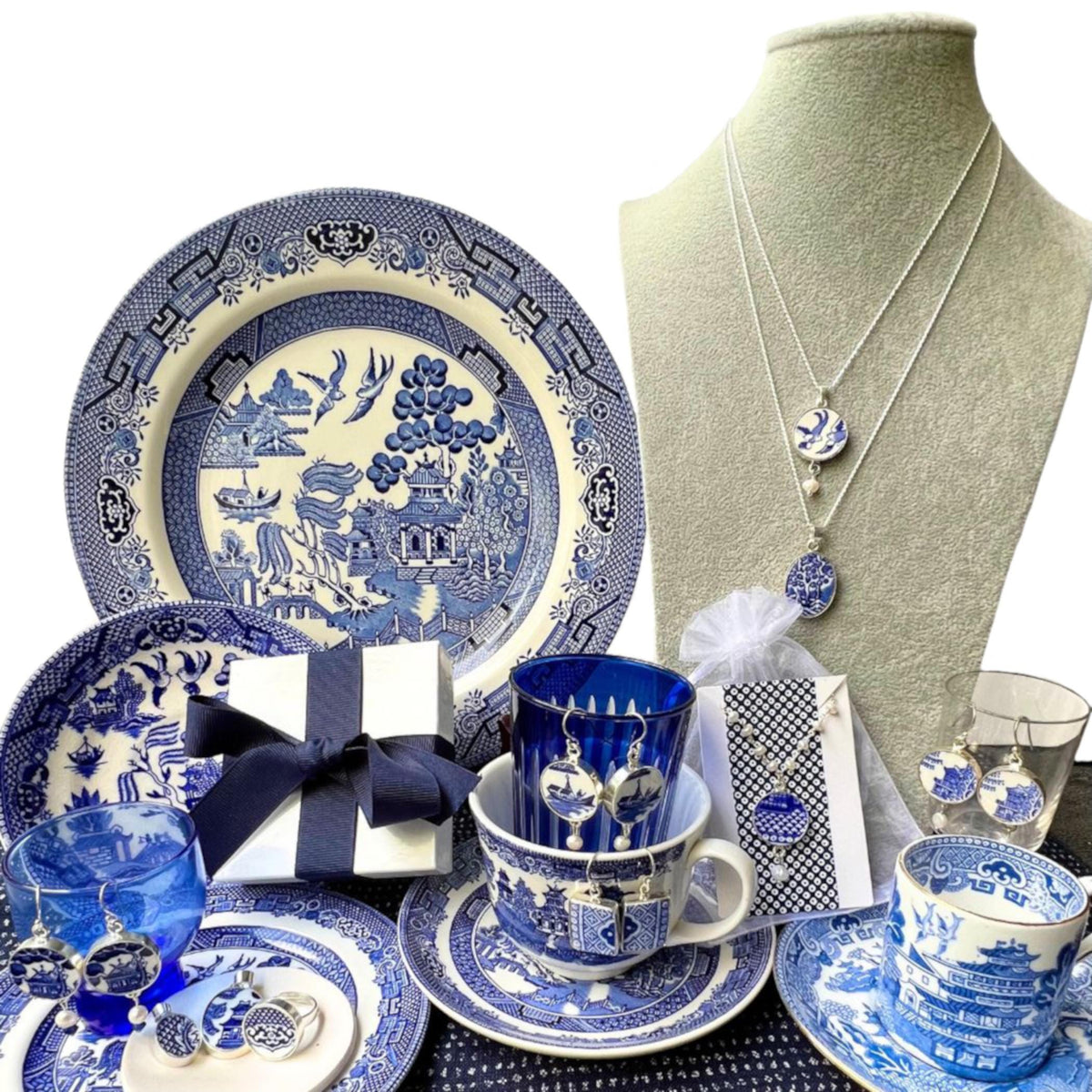 Unique Blue Willow China Necklace upcycled with Floral Chinoiserie Pottery