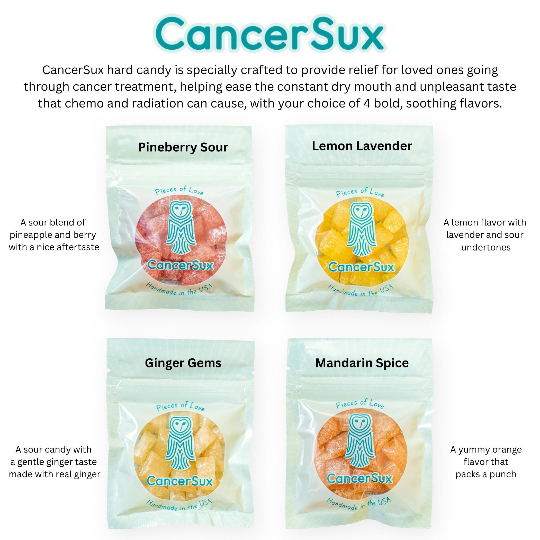 Cancersux hard candy chemo dry mouth relief radiation treatment ginger lemon lavender mandarin pineberry flavors