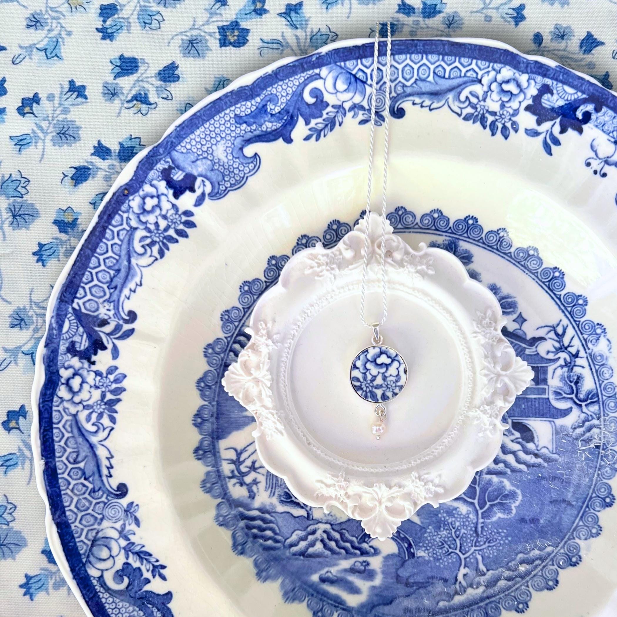 Unique Floral Blue Willow China Necklace upcycled with Chinoiserie Pottery, Thoughtful Broken China Jewelry 9th Anniversary Gift for Wife