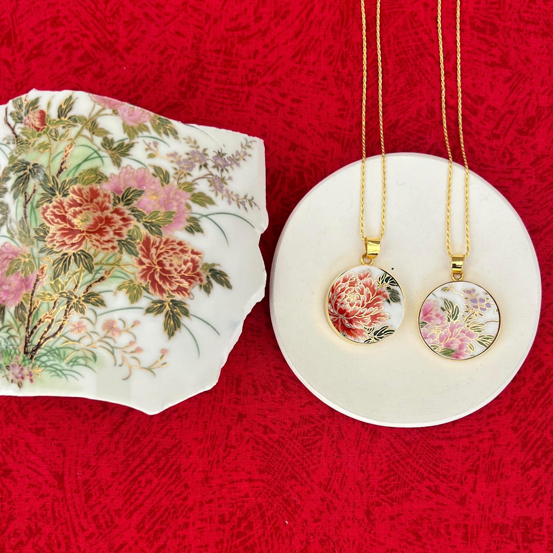 Asian Peony Necklace handmade from Upcycled Japanese Chinoiserie Vase, Romantic 12th Anniversary Imari Porcelain Jewelry Gift Idea for Her