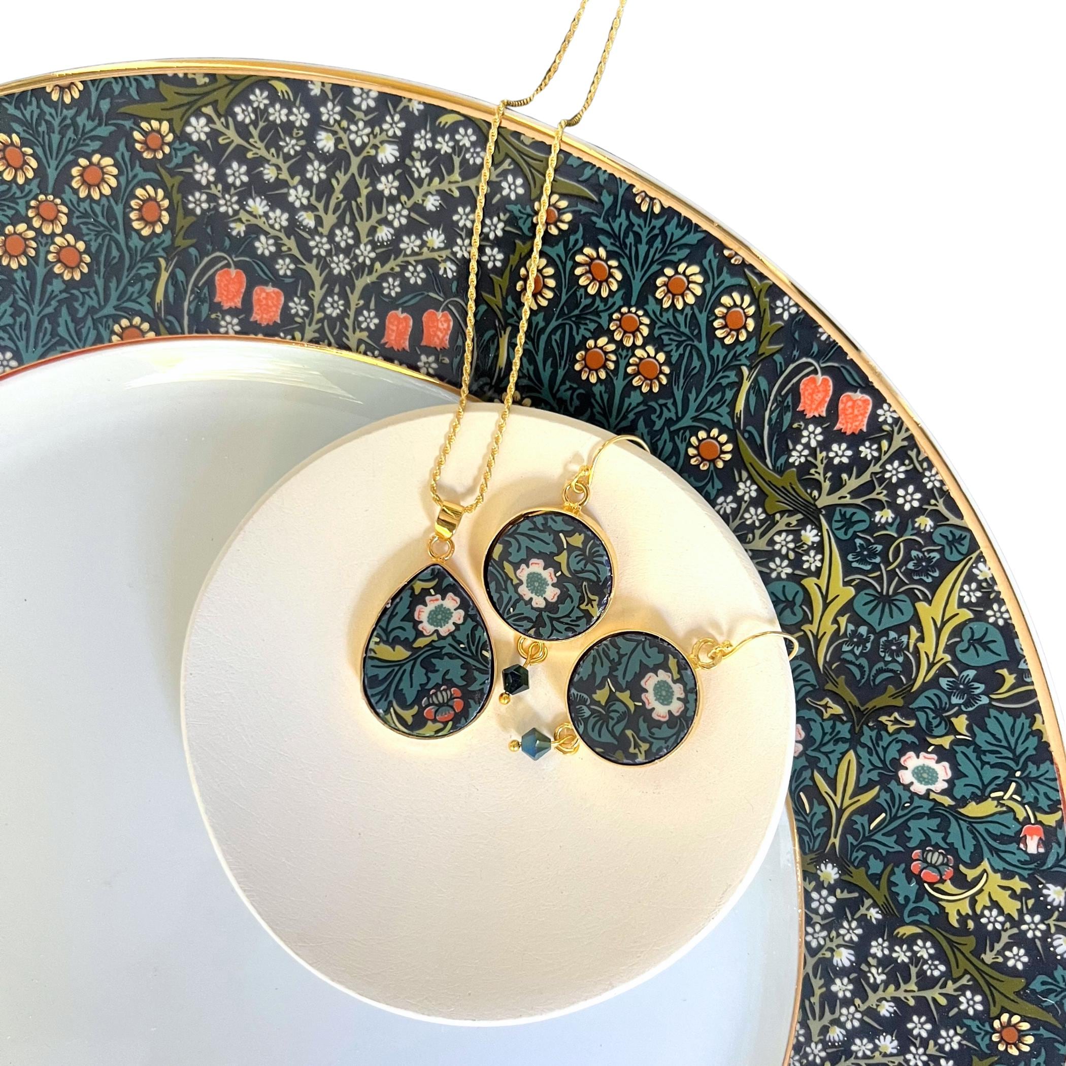 William Morris Design Porcelain Earrings with Mismatched Flowers, Vintage Art Nouveau Autumn Jewelry Gift for Botanical Nature Lovers