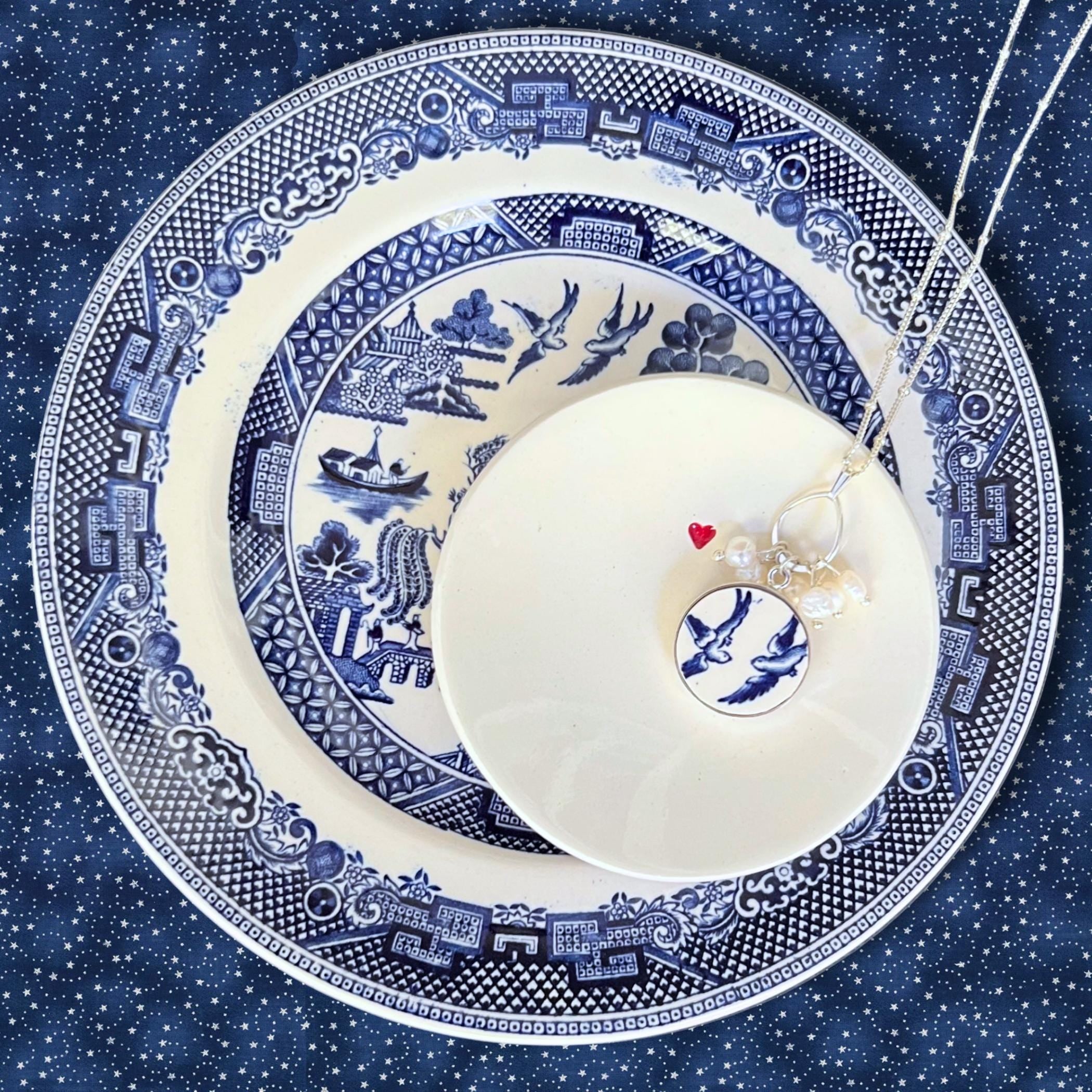 Love Birds Blue Willow China Necklace with Dainty Pearls & Sterling Silver, Chinoiserie China Jewelry, Thoughtful Porcelain Anniversary Gift