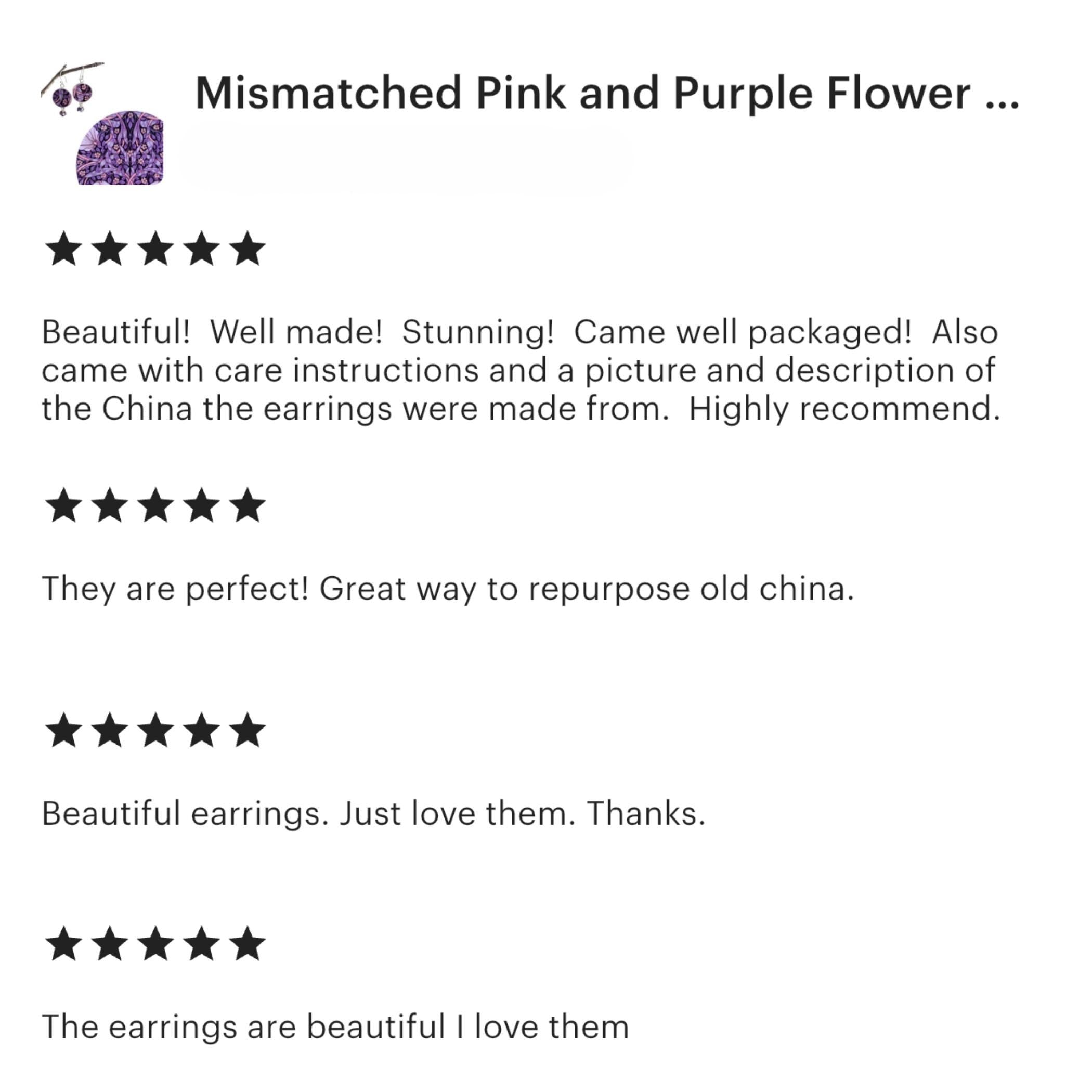 Upcycled William Morris Pimpernel Broken China Jewelry Earrings with Pink Purple Flowers