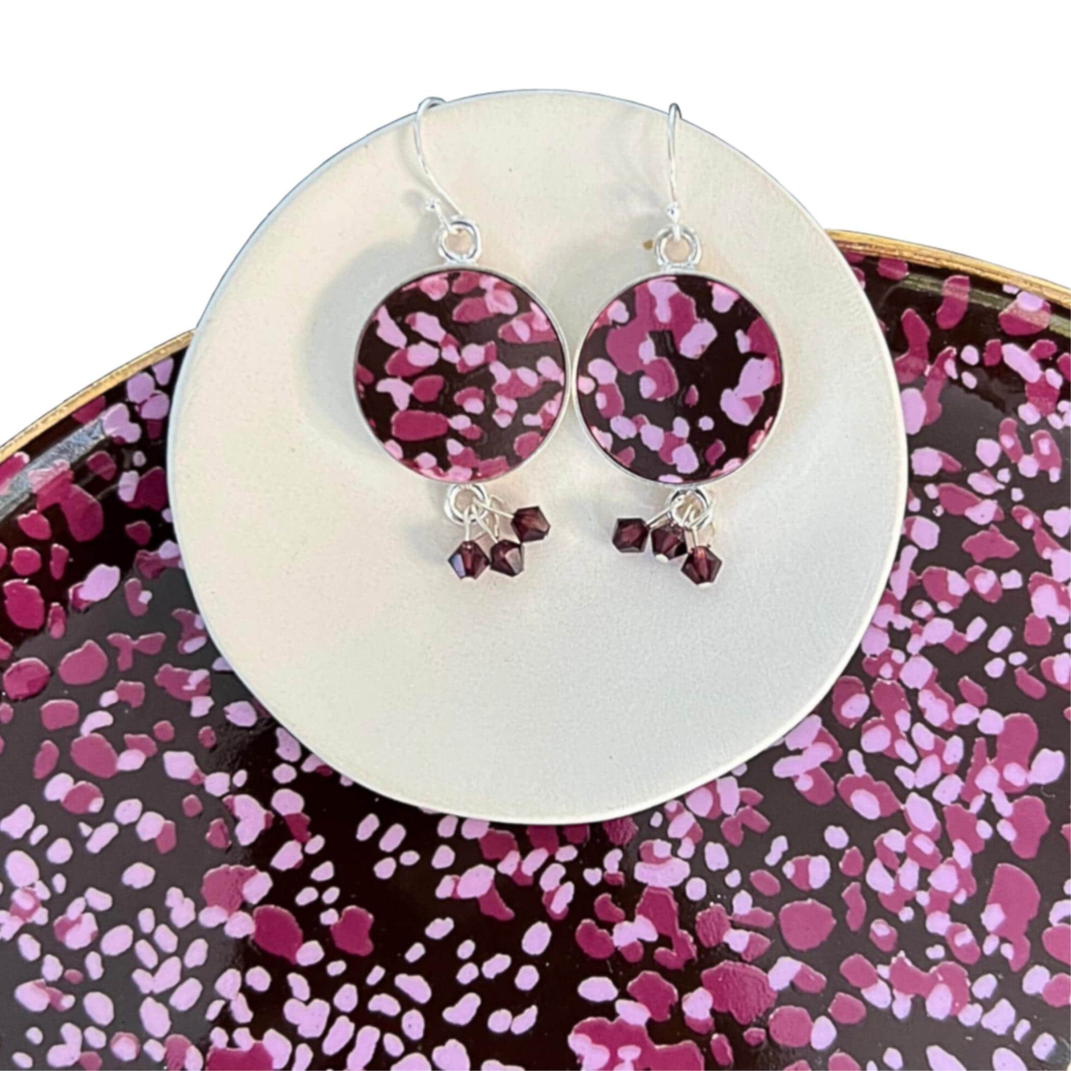Autumn China Earrings handmade from Vintage Purple Dot Anthropologie Plates, Upcycled Porcelain Jewelry Fall Birthday Gift for Purple Lovers