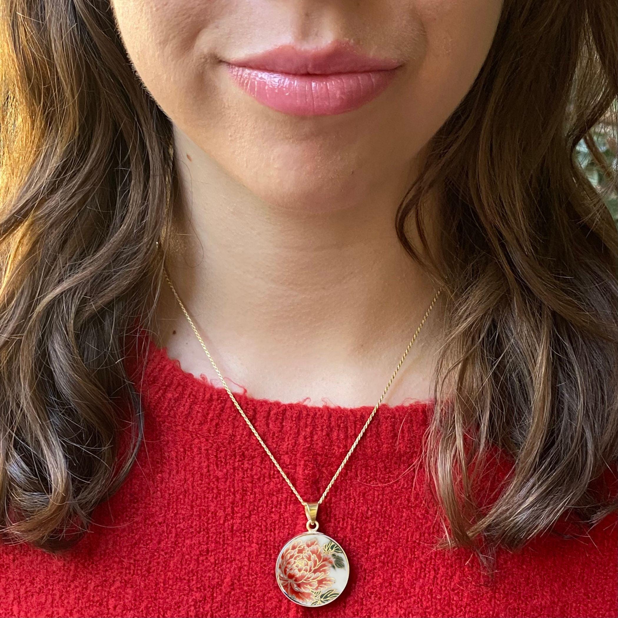 Asian Peony Necklace handmade from Upcycled Japanese Chinoiserie Vase, Romantic 12th Anniversary Imari Porcelain Jewelry Gift Idea for Her