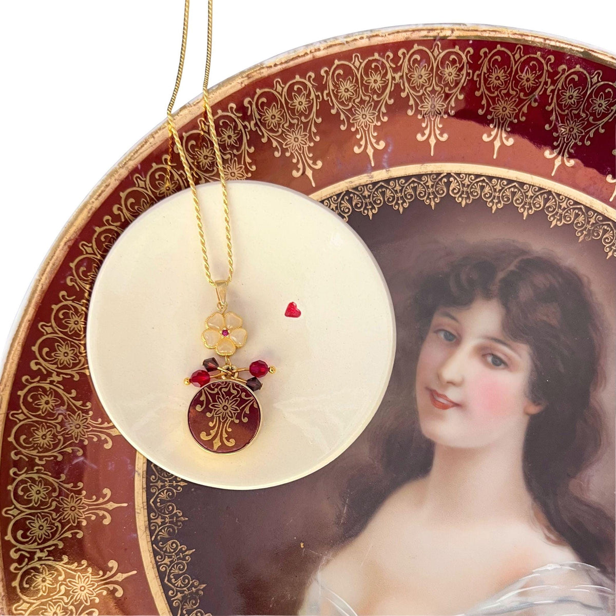 Antique Gold Burgundy Porcelain Necklace handmade with Tiny Flower Charm Dangle, Unique Upcycled China Eclectic Jewelry Gift for Birthday
