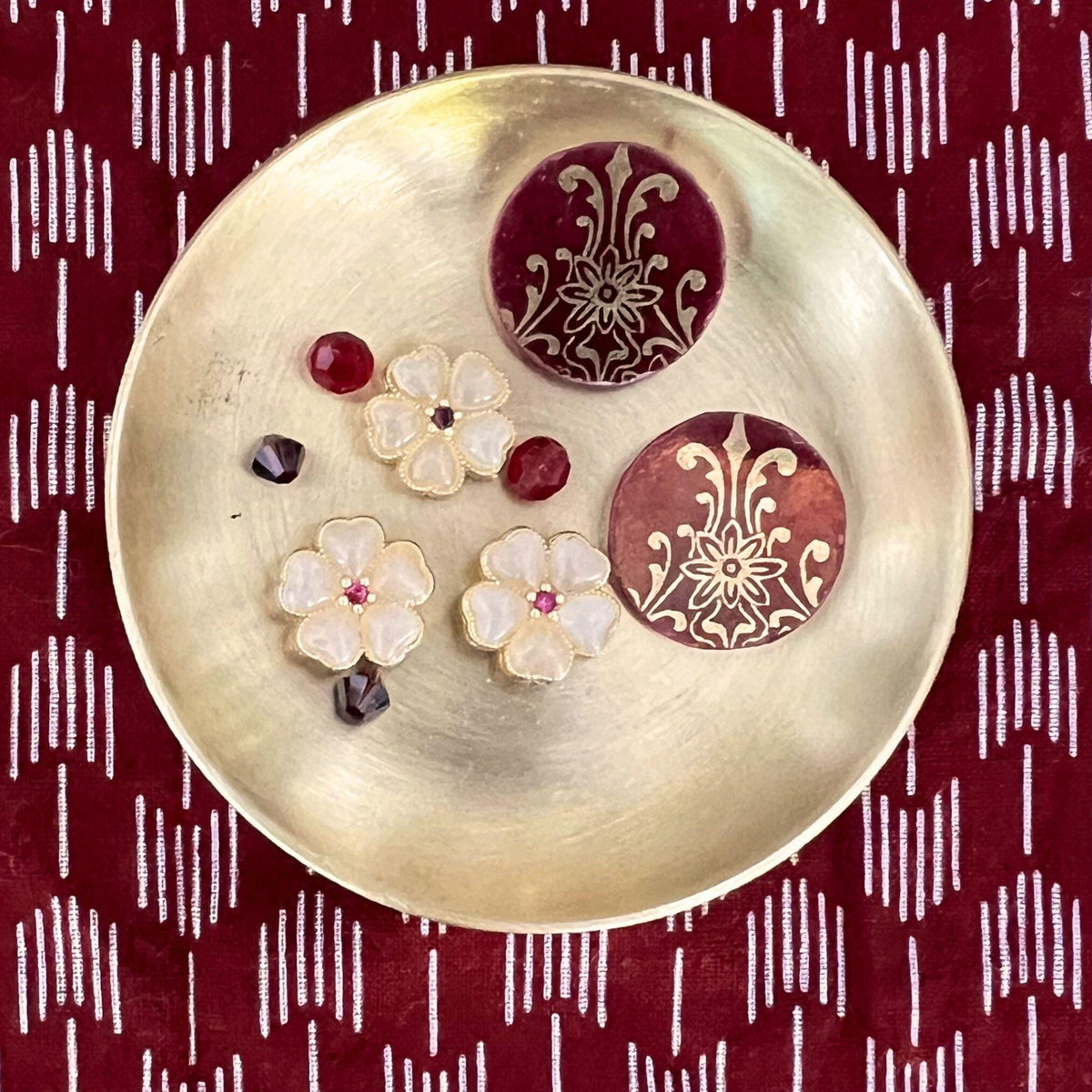 Antique Gold Burgundy Porcelain Necklace handmade with Tiny Flower Charm Dangle, Unique Upcycled China Eclectic Jewelry Gift for Birthday