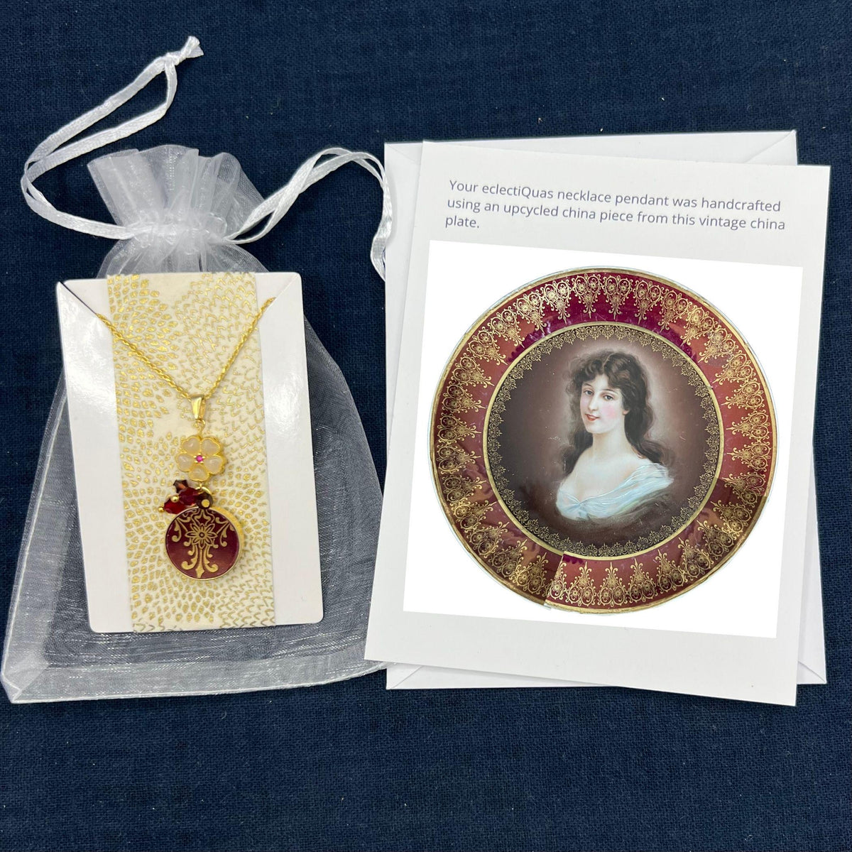 Antique Gold Burgundy Porcelain Necklace handmade with Tiny Flower Charm Dangle, Unique Upcycled China Eclectic Jewelry Gift for Birthday