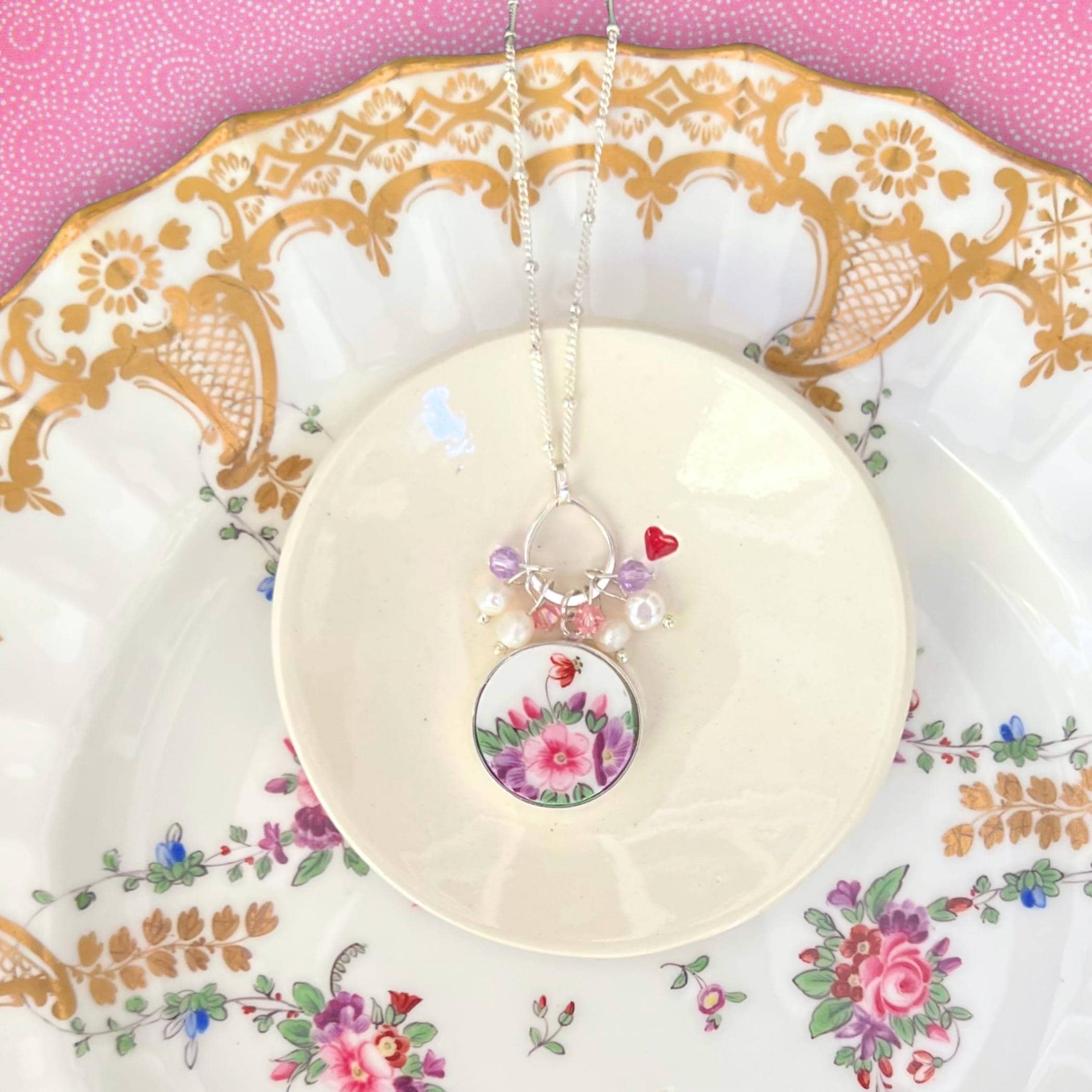 RARE Antique Floral China Necklace with Dainty Charms & Sterling Silver, One of a Kind Romantic China Jewelry 20th Anniversary Gift for Wife