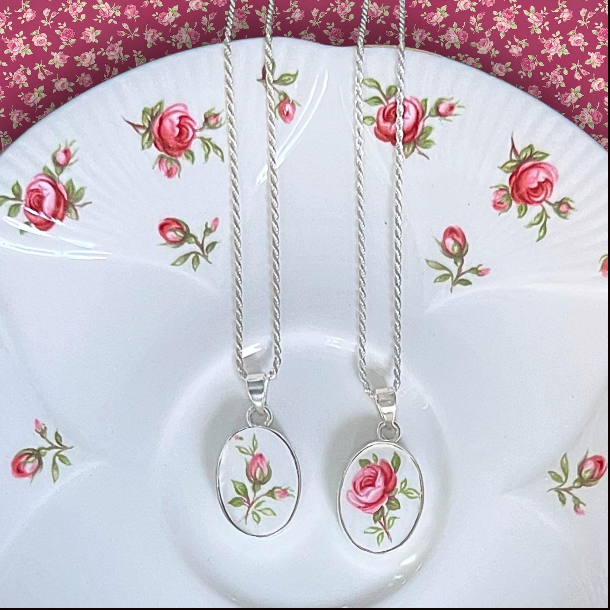 Dainty Royal Albert China Necklaces handmade with Upcycled Rose China & Sterling Silver, Vintage China Jewelry for Thoughtful Birthday Gift