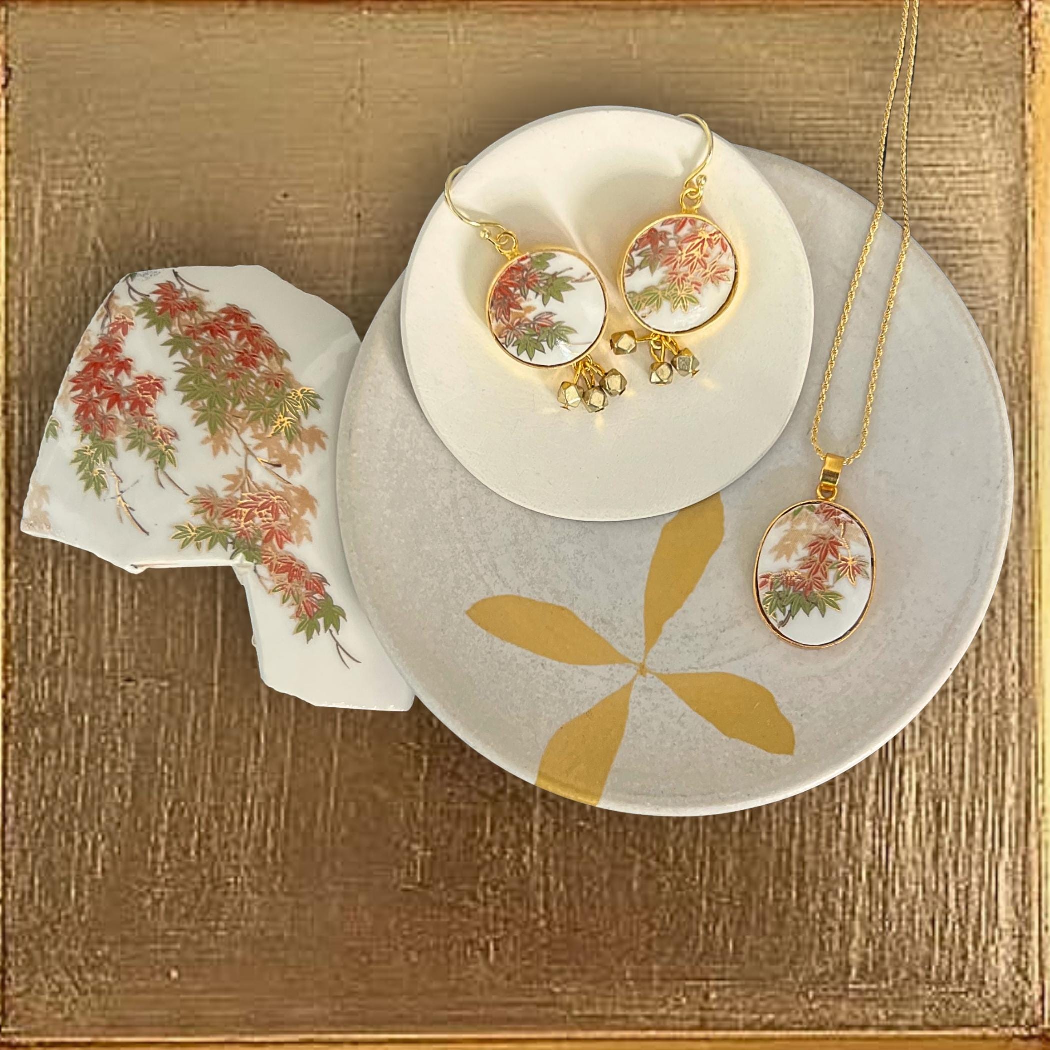Fall Japanese Maple Leaves Porcelain Earrings & Leaf Necklace handmade from Upcycled Imari Porcelain, Autumn Birthday China Jewelry Set