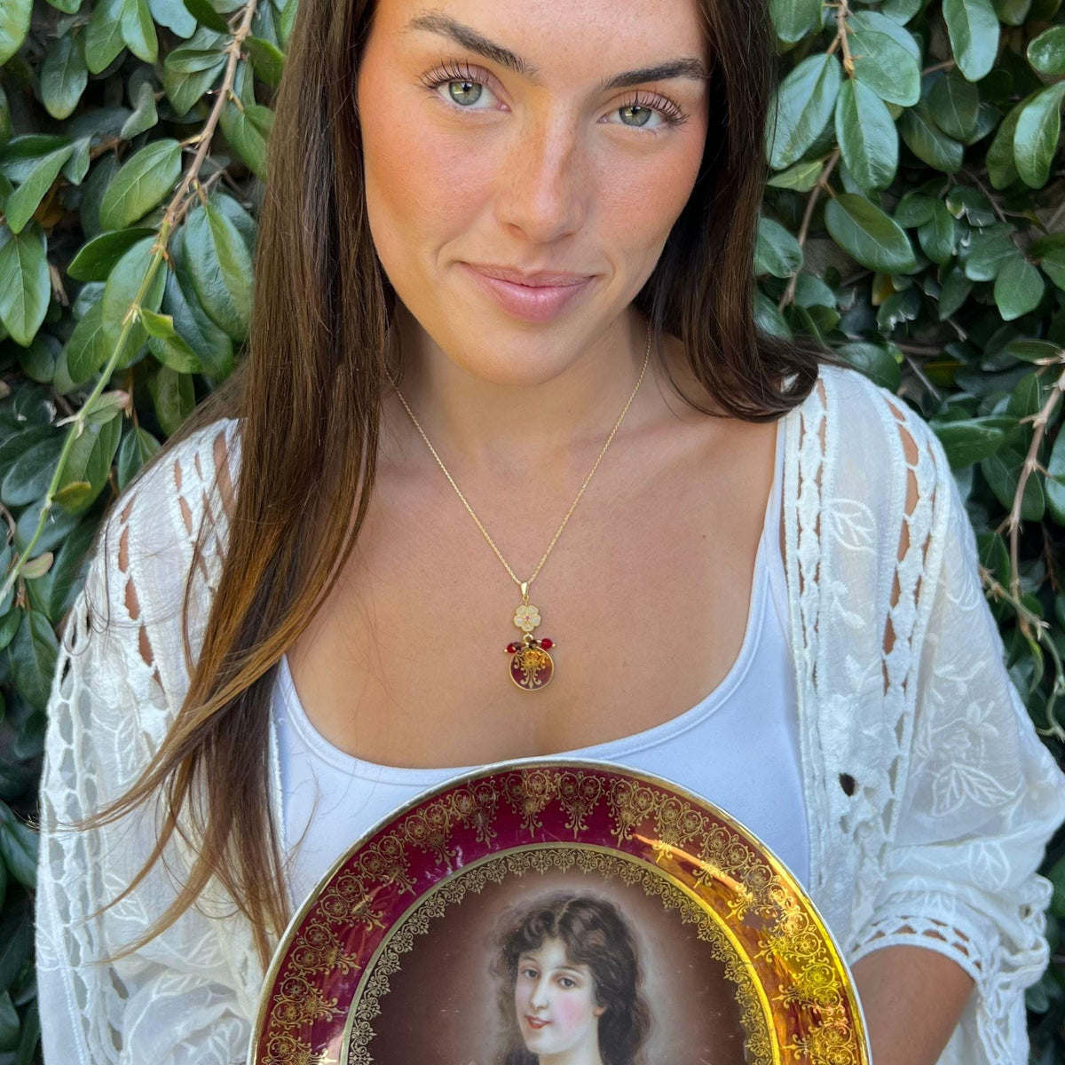 Antique Gold Burgundy Porcelain Necklace handmade with Tiny Flower Charm Dangle, Unique Upcycled China Eclectic Jewelry Gift for Birthday