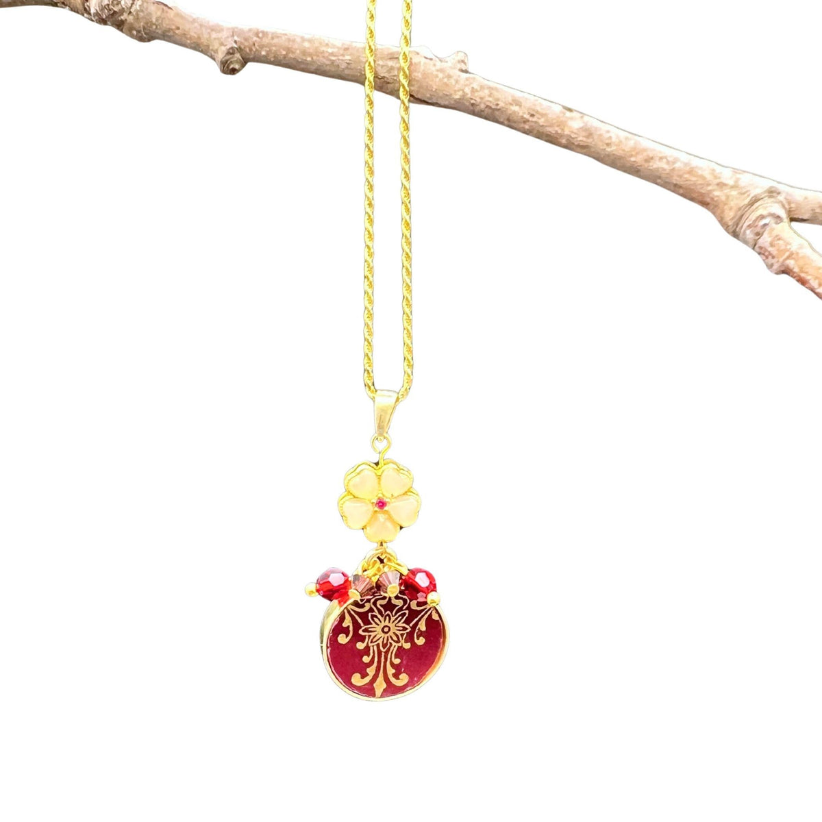 Antique Gold Burgundy Porcelain Necklace handmade with Tiny Flower Charm Dangle, Unique Upcycled China Eclectic Jewelry Gift for Birthday
