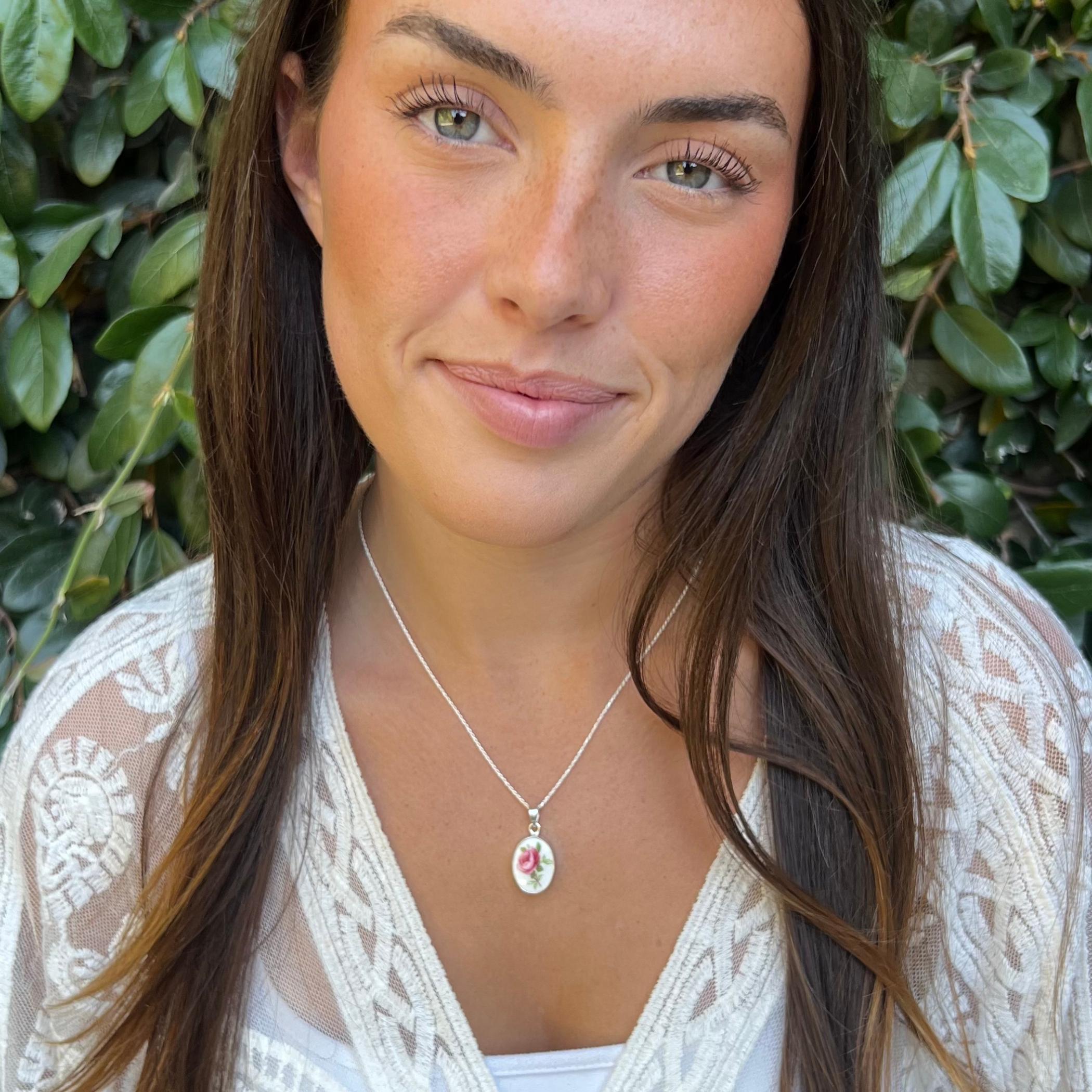 Dainty Royal Albert China Necklaces handmade with Upcycled Rose China & Sterling Silver, Vintage China Jewelry for Thoughtful Birthday Gift