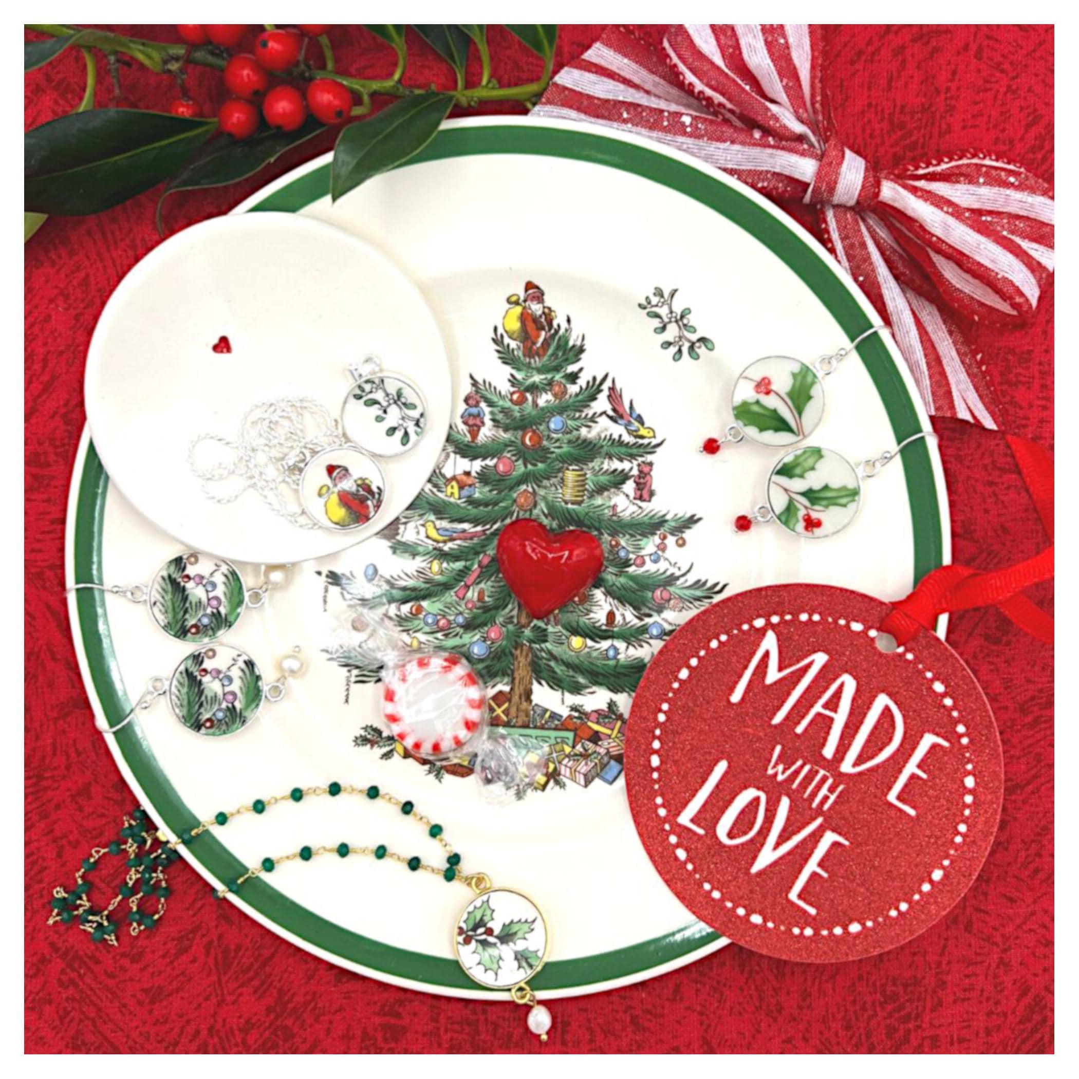 Christmas Broken China Jewelry handmade with Spode Christmas Tree & Lenox Holiday China, Nostalgic Holiday Unique Christmas Gifts for Women