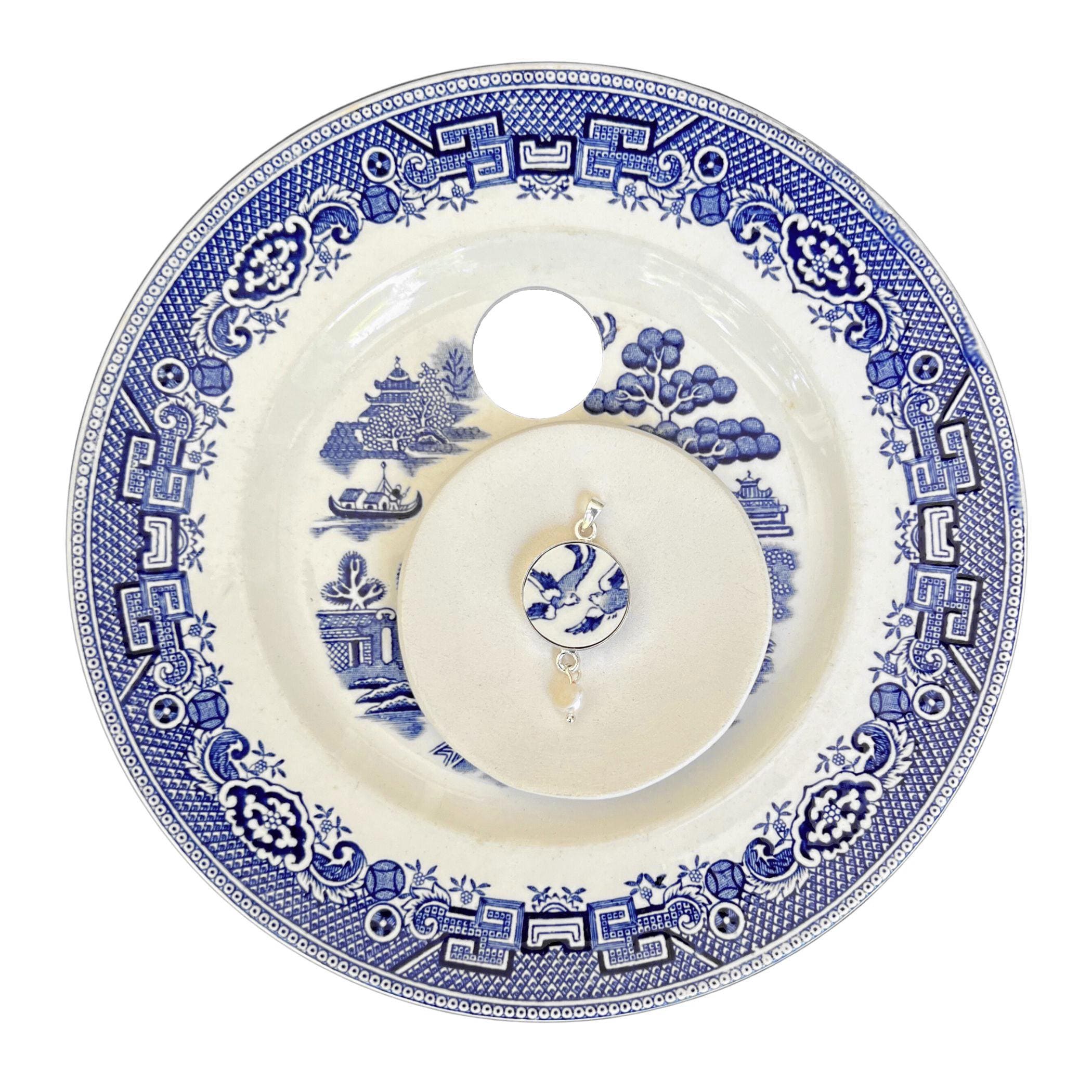 Blue Willow China Love Birds Necklace, Unique Christmas Gift for Wife, Thoughtful Vintage Blue & White China Jewelry Holiday Gift for Women