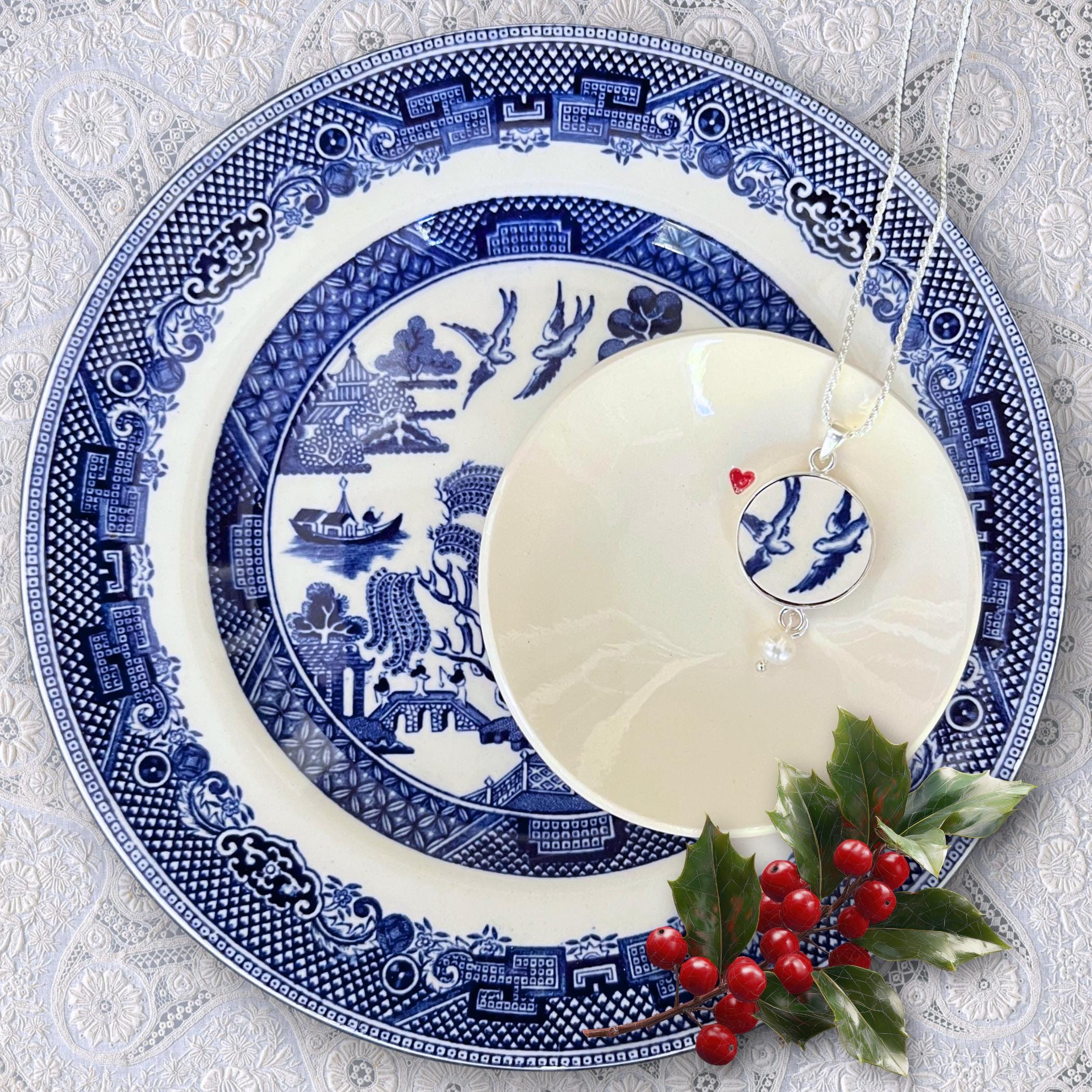Blue Willow China Love Birds Necklace, Unique Christmas Gift for Wife, Thoughtful Vintage Blue & White China Jewelry Holiday Gift for Women