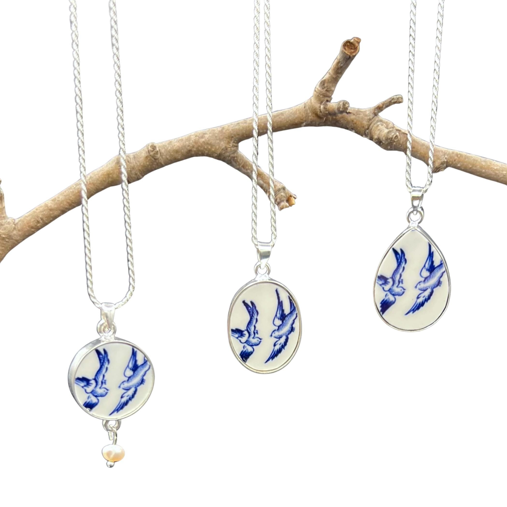 Blue Willow China Love Birds Necklace, Unique Christmas Gift for Wife, Thoughtful Vintage Blue & White China Jewelry Holiday Gift for Women