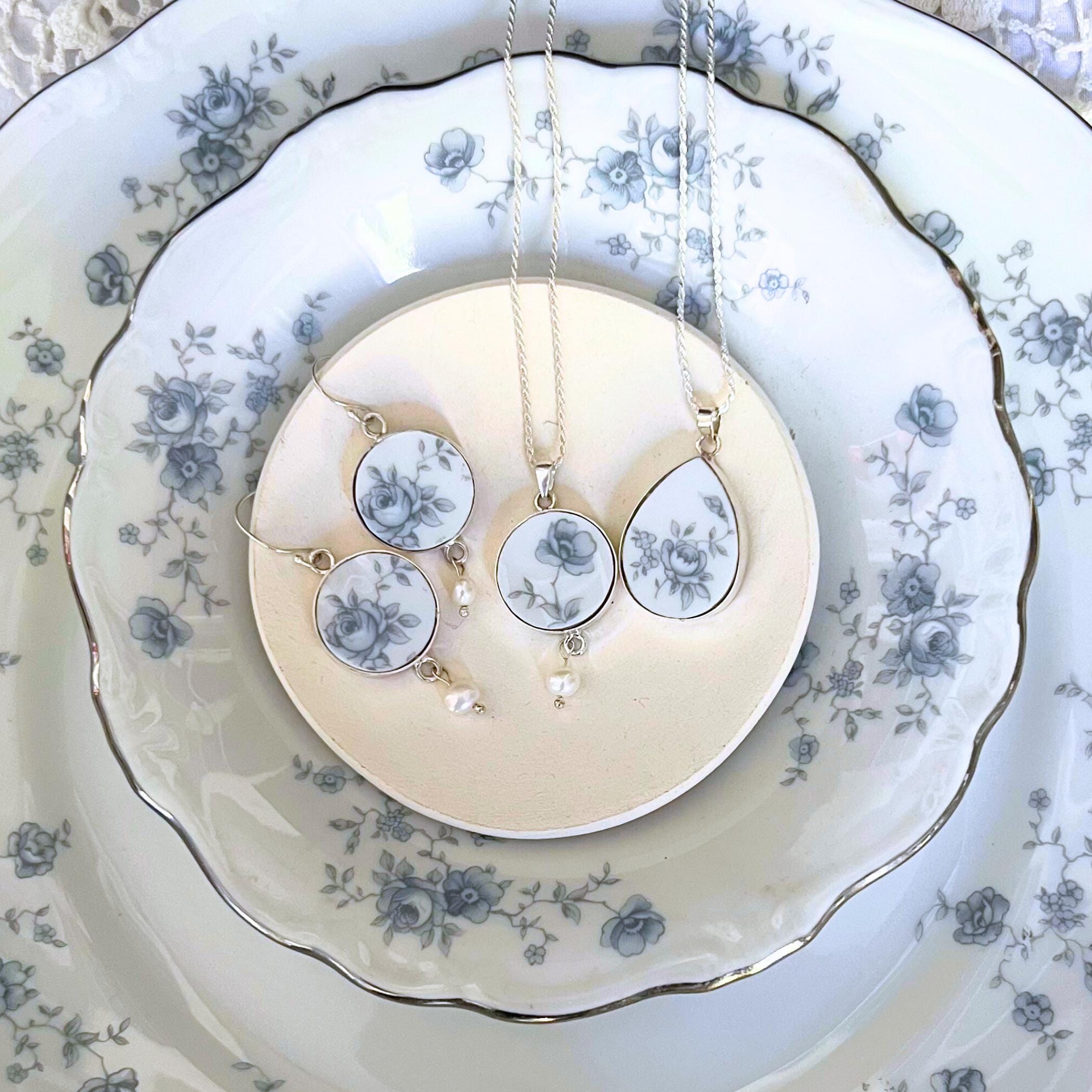 Johann Haviland Blue Garland China Jewelry Gift for Mom Wife, Vintage China Earrings & Blue Flower Necklace Set, Unique and Thoughtful Gift