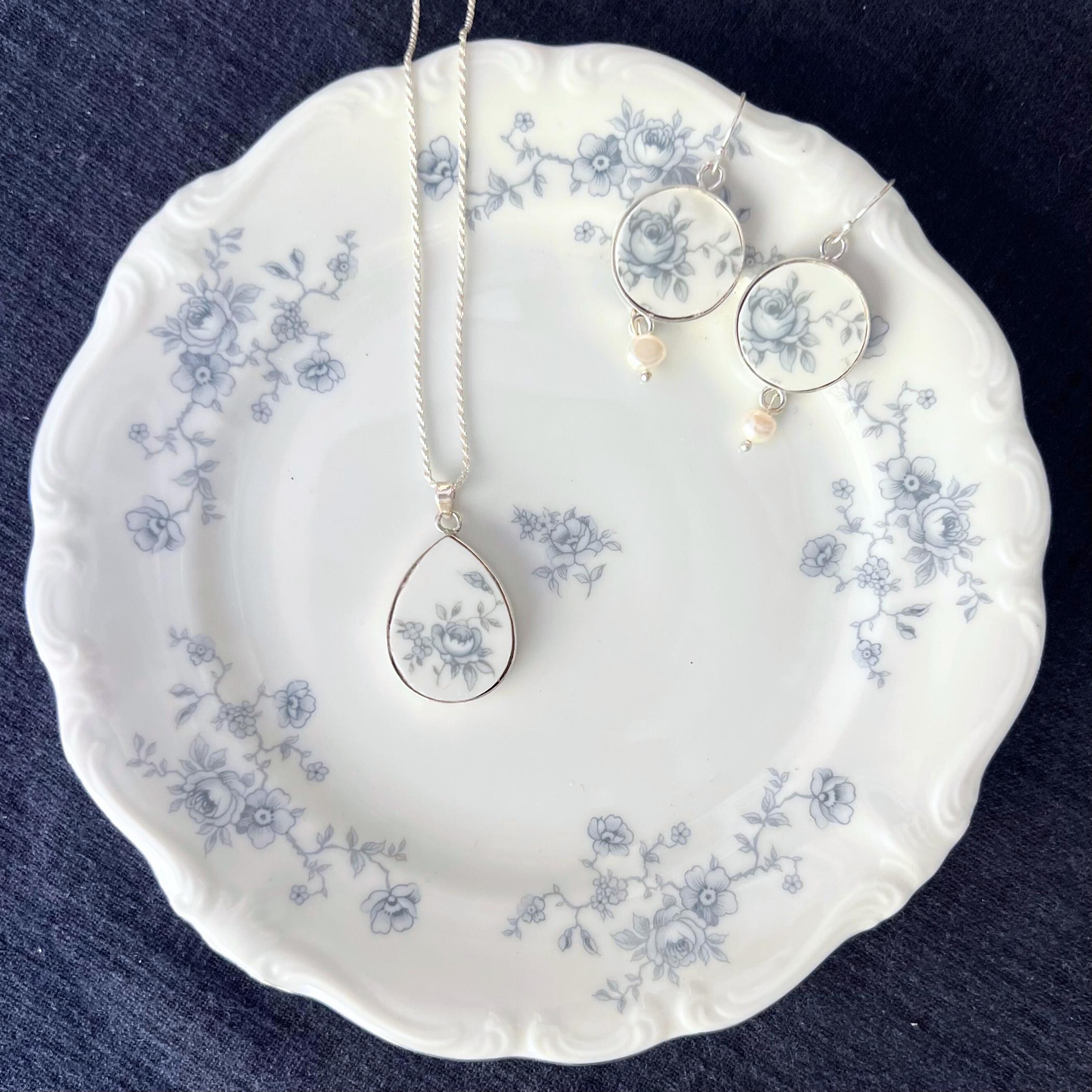 Johann Haviland Blue Garland China Jewelry Gift for Mom Wife, Vintage China Earrings & Blue Flower Necklace Set, Unique and Thoughtful Gift