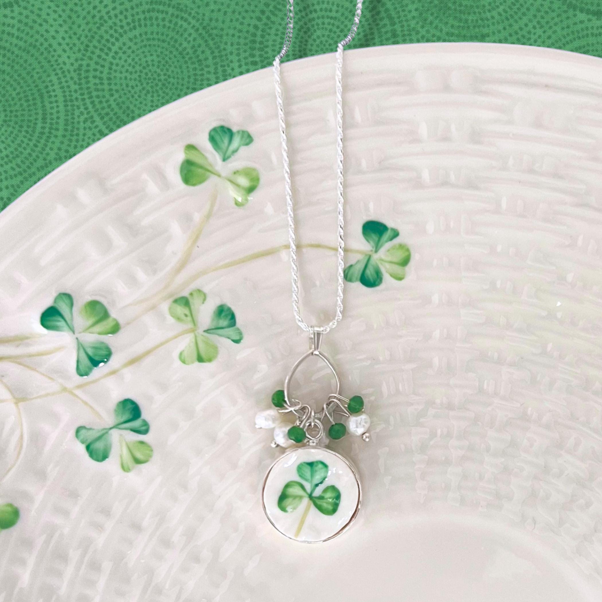 Belleek Porcelain Shamrock Necklace with Sterling Silver, Unique Irish Gift for Christmas, Green Three Leaf Clover Irish Jewelry for Women