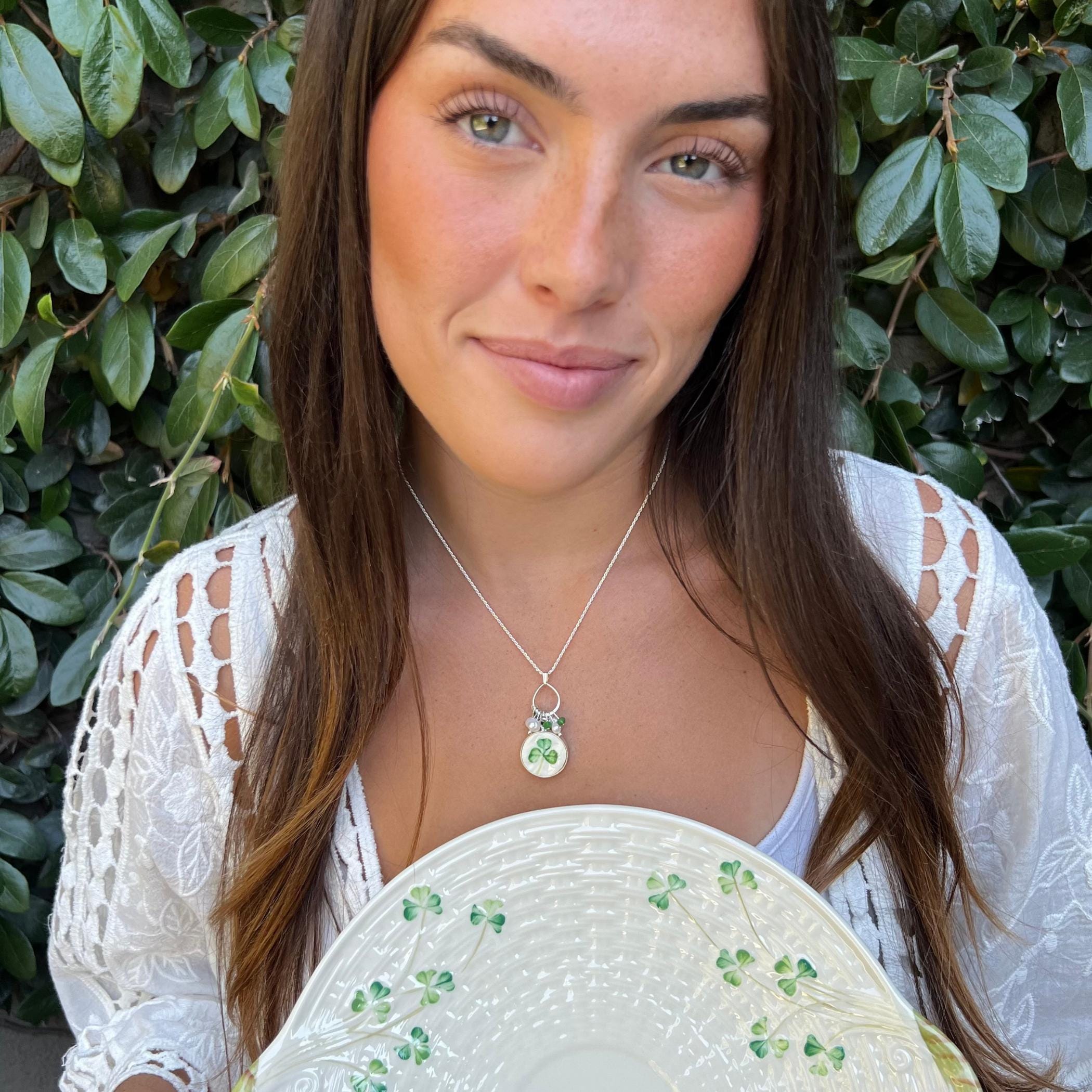 Belleek Porcelain Shamrock Necklace with Sterling Silver, Unique Irish Gift for Christmas, Green Three Leaf Clover Irish Jewelry for Women