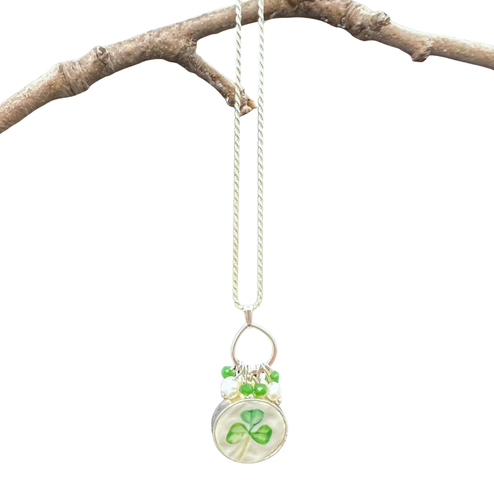Belleek Porcelain Shamrock Necklace with Sterling Silver, Unique Irish Gift for Christmas, Green Three Leaf Clover Irish Jewelry for Women