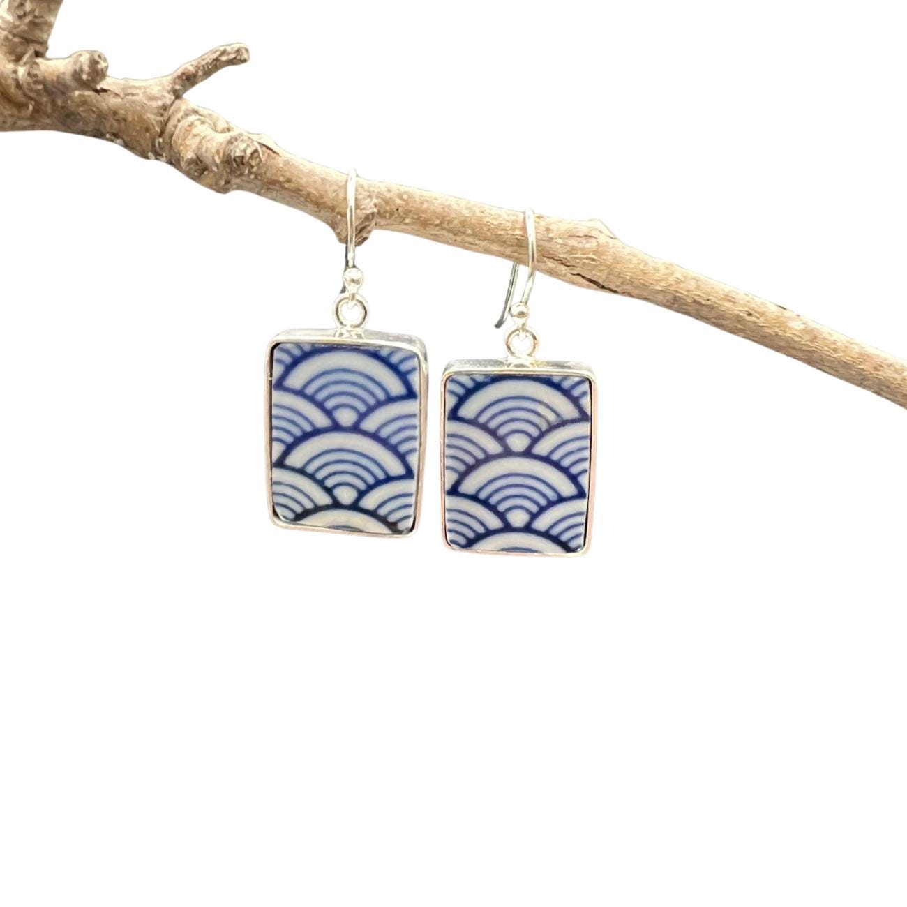 Blue White Seikaiha Wave Porcelain Earrings with Upcycled China & Sterling Silver