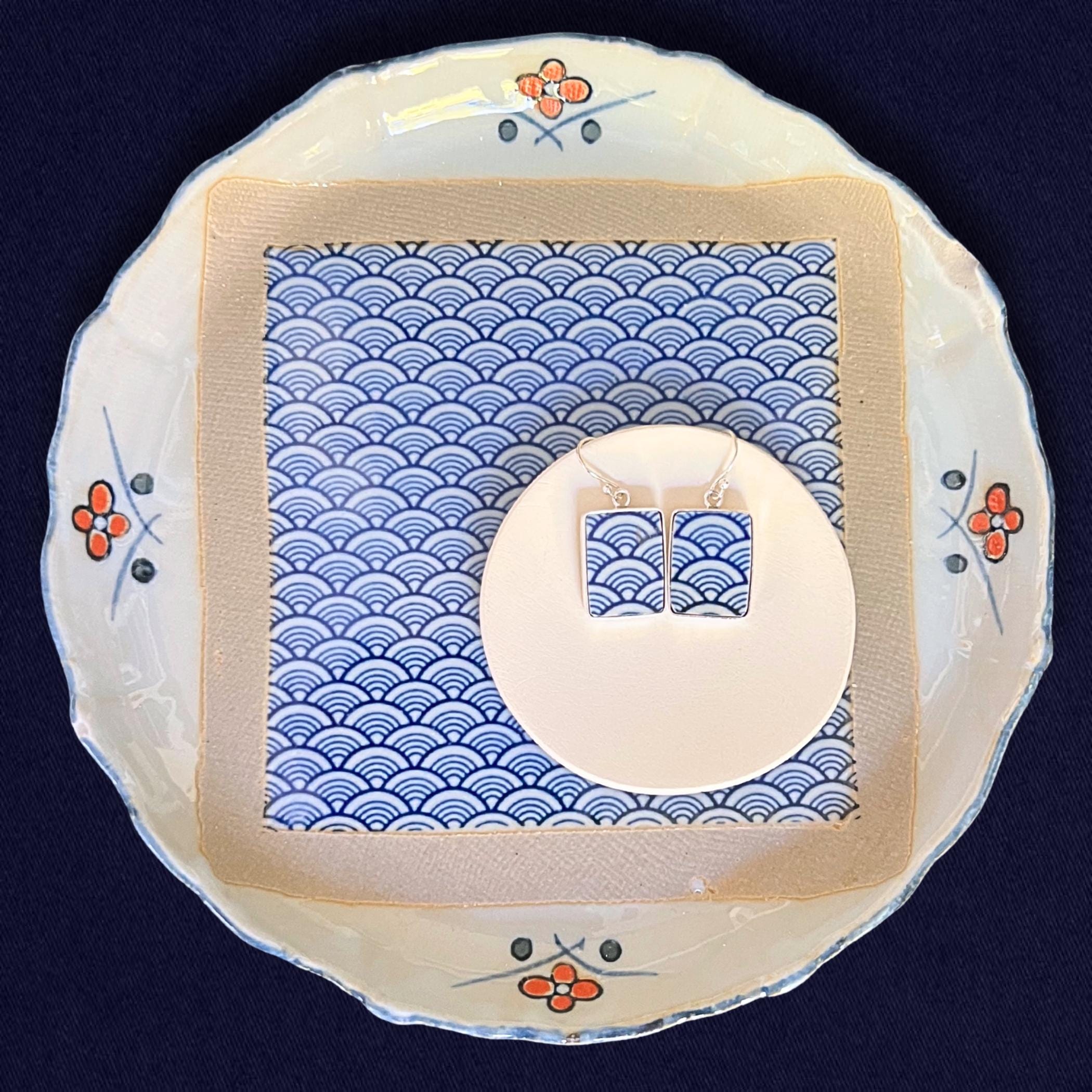 Upcycled Japanese blue and white porcelain earrings handcmade with Seikaiha wave design. Artisan China Jewelry gift for her.