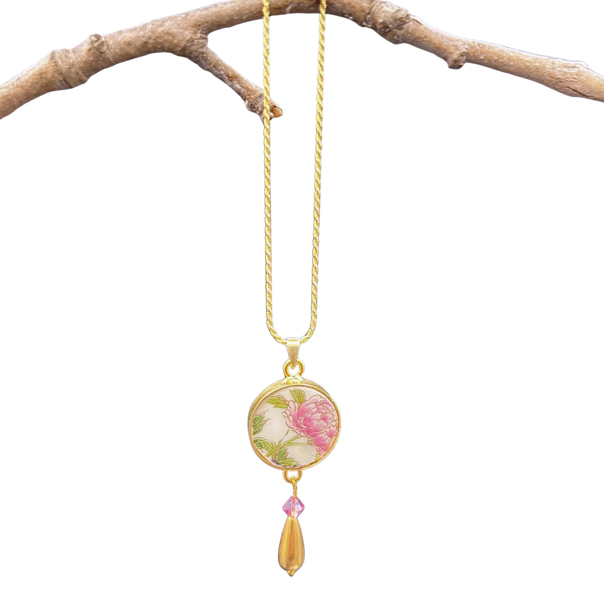 Peony Necklace Chinoiserie Christmas Gift for Women, Romantic 12th Anniversary Indie Imari Porcelain Jewelry