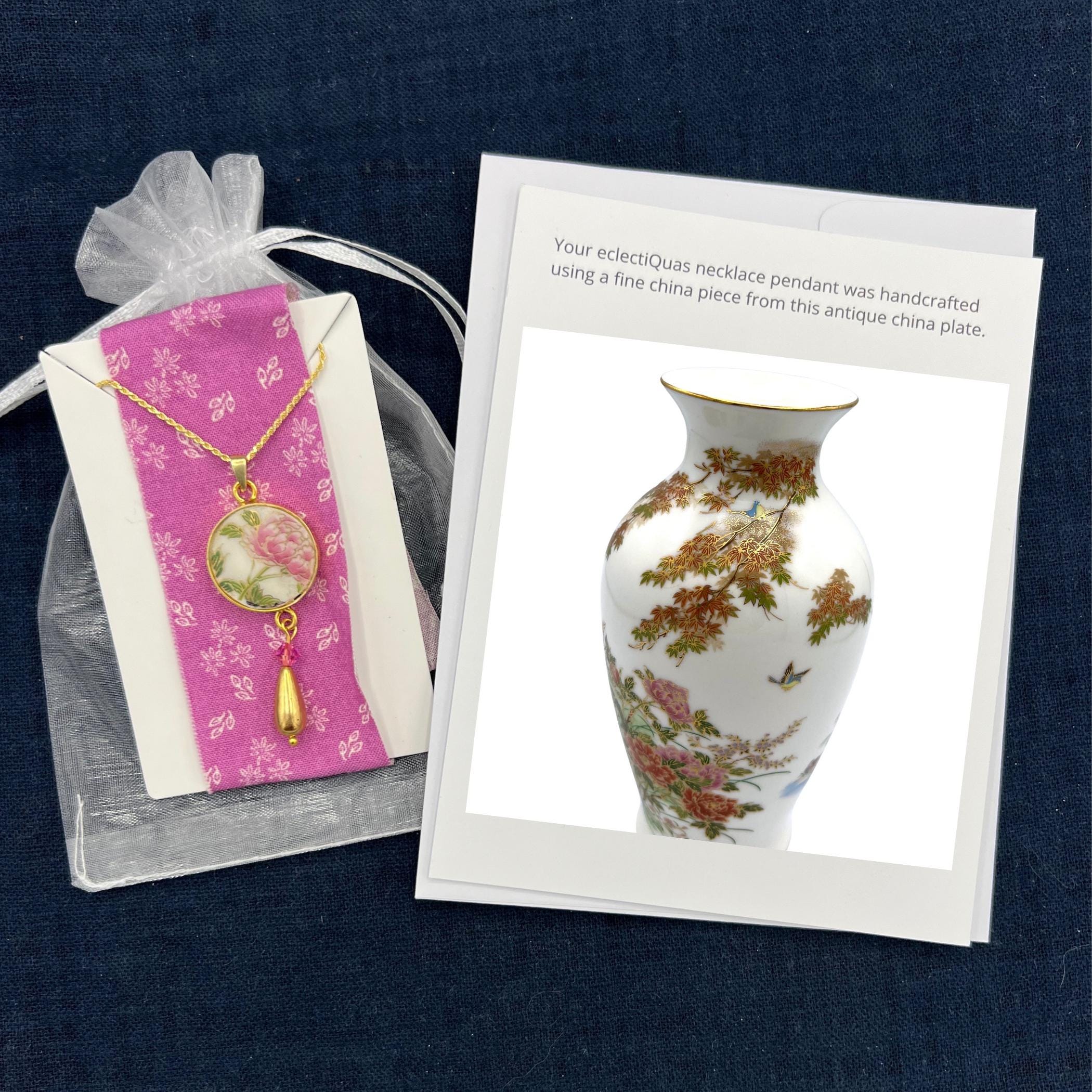 Peony Necklace Chinoiserie Christmas Gift for Women, Romantic 12th Anniversary Indie Imari Porcelain Jewelry