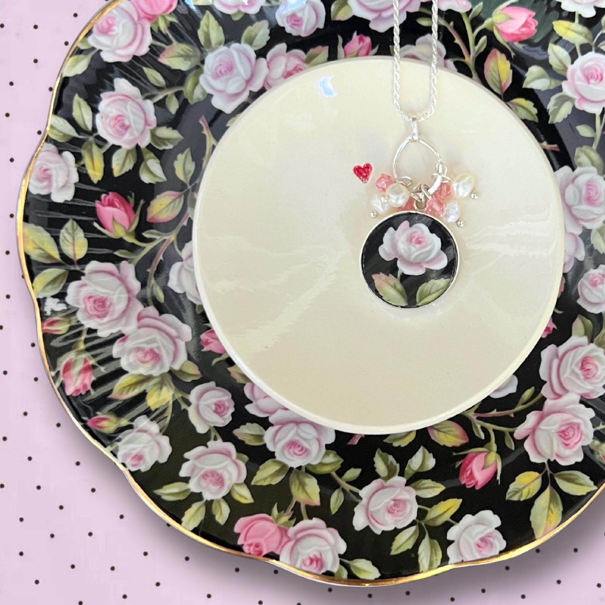 Vintage Royal Albert Alton China Necklace with Sterling Silver, Unique Christmas Gift for Her, Upcycled China Jewelry with Pink & Black Rose