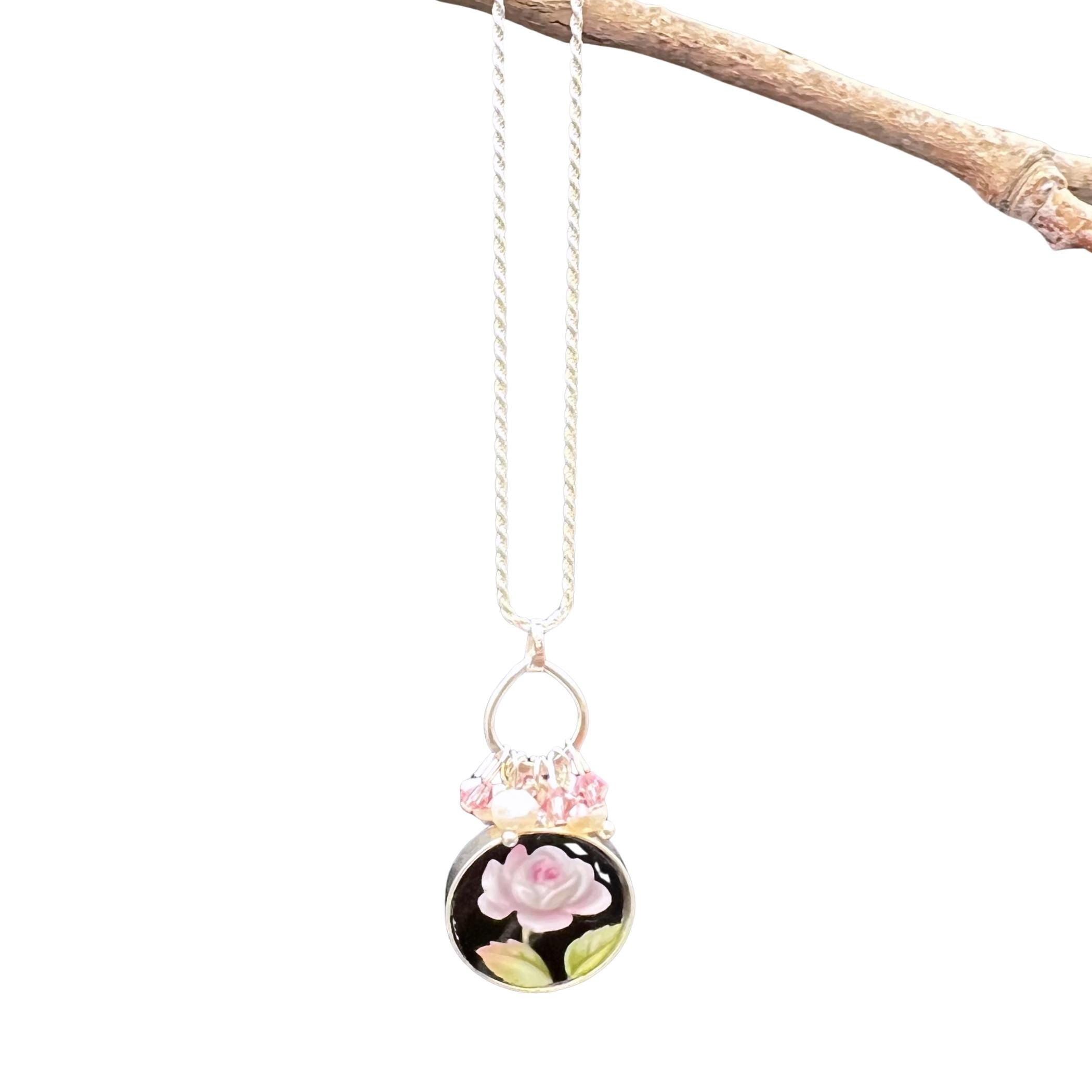 Vintage Royal Albert Alton China Necklace with Sterling Silver, Unique Christmas Gift for Her, Upcycled China Jewelry with Pink & Black Rose