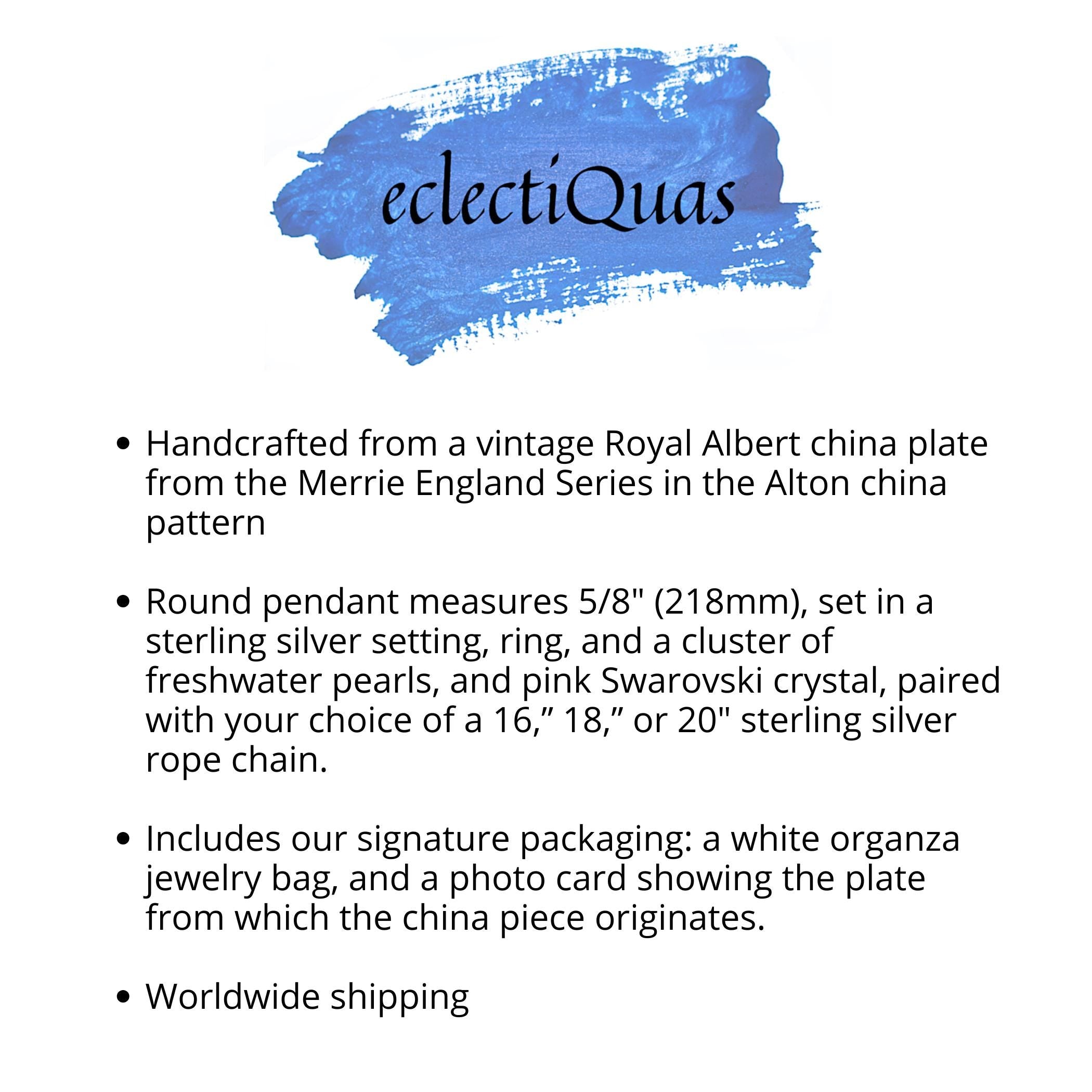 Vintage Royal Albert Alton China Necklace with Sterling Silver, Unique Christmas Gift for Her, Upcycled China Jewelry with Pink & Black Rose