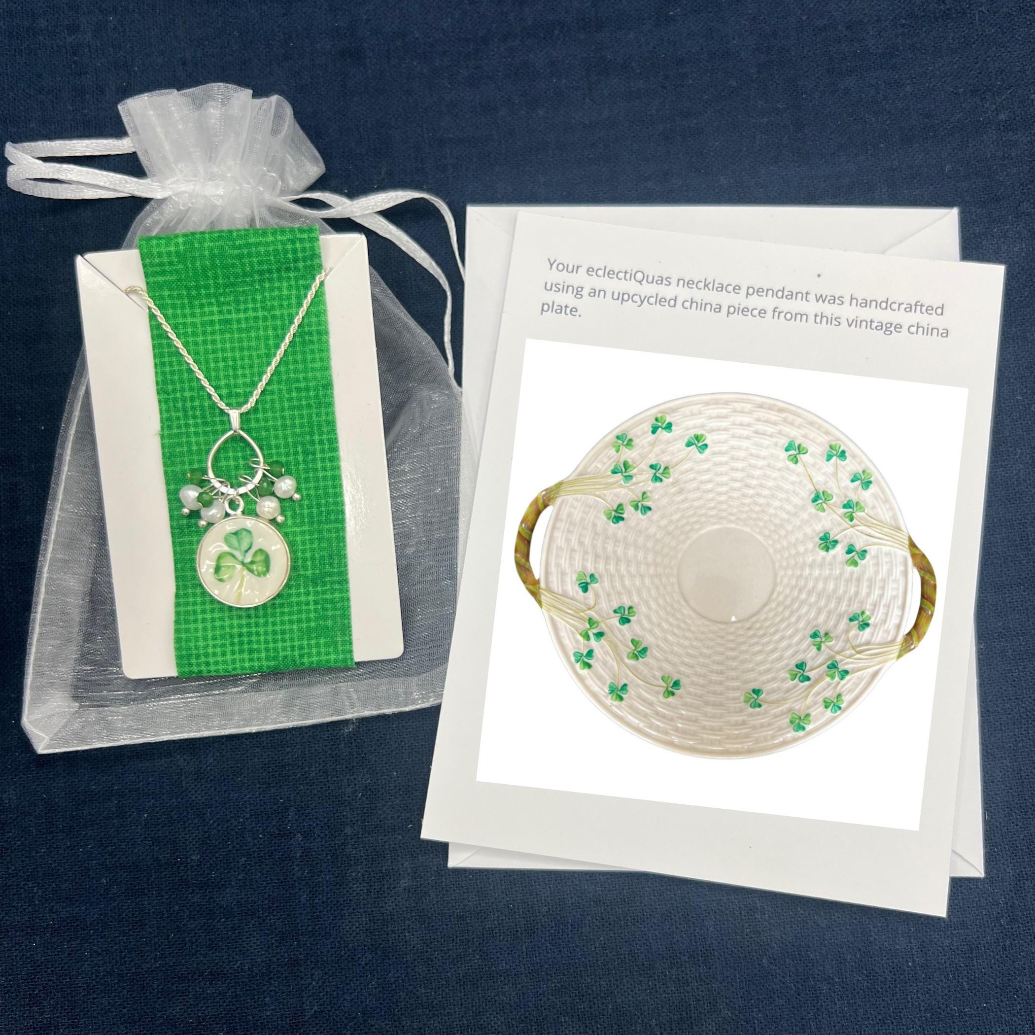 Belleek Porcelain Shamrock Necklace with Sterling Silver, Unique Irish Gift for Christmas, Green Three Leaf Clover Irish Jewelry for Women