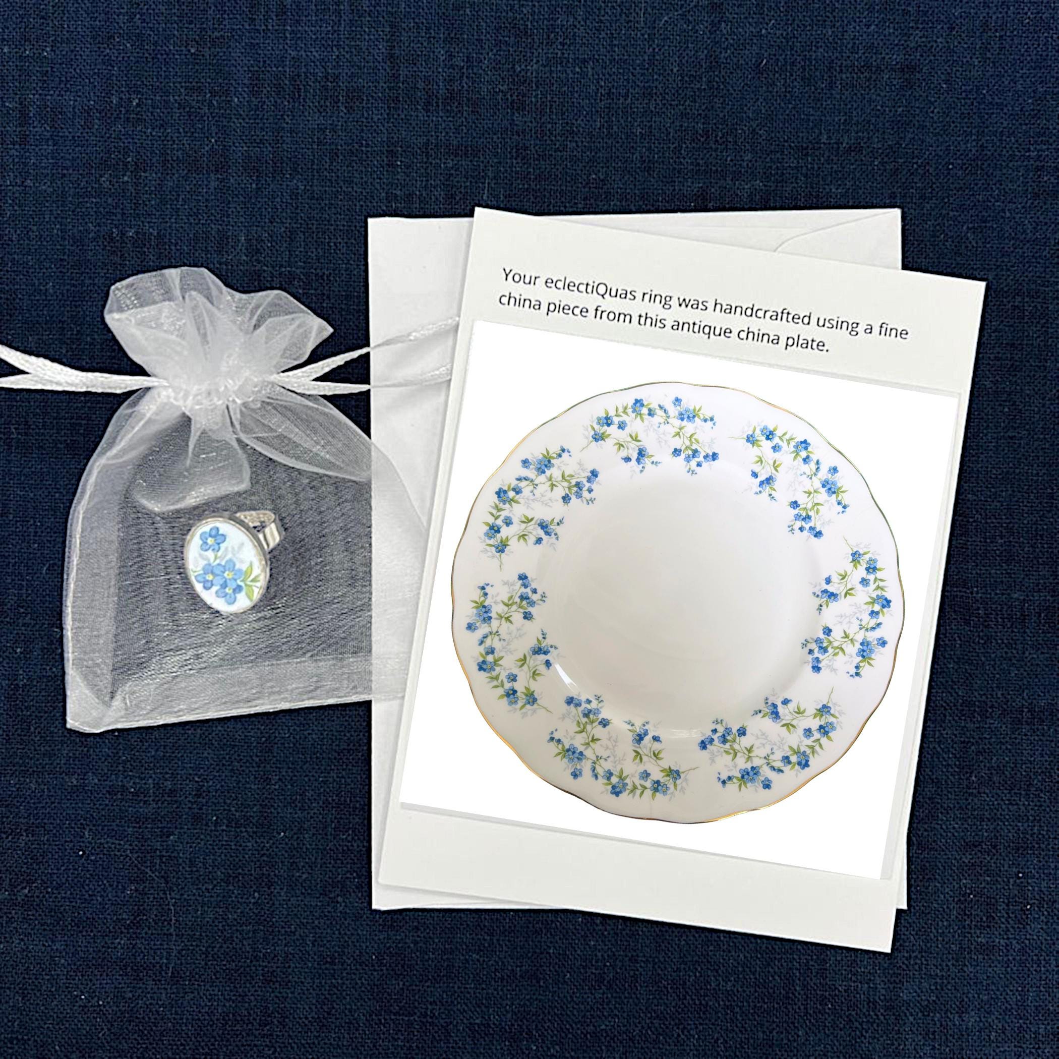 Sterling Silver Forget Me Not Ring handmade from Upcycled Vintage China, Blue Flower Broken China Jewelry Meaningful Valentines Day Gift