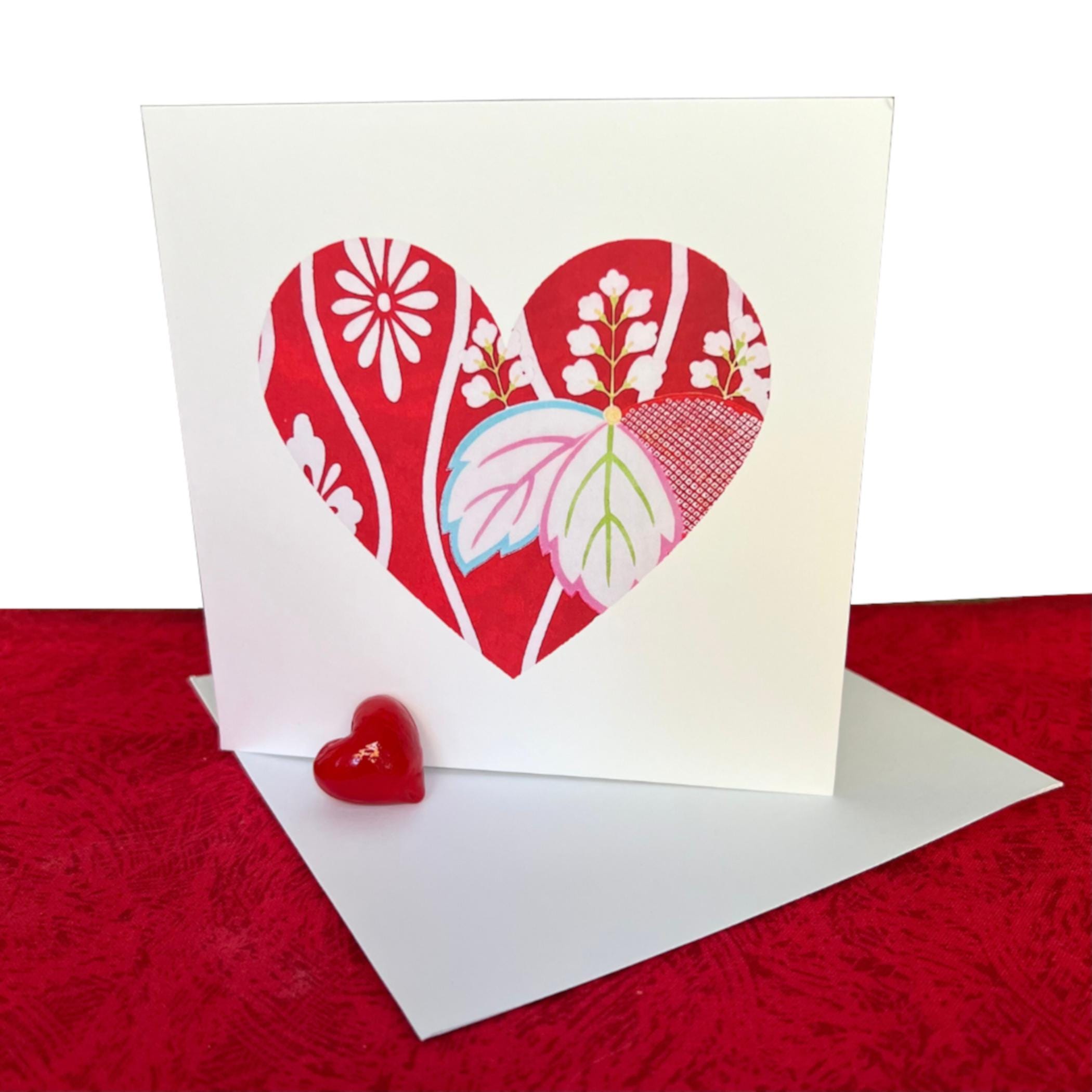 Unique Blank Valentine Card with Vintage Japanese Silk Kimono Red Heart, Traditional Japanese Greeting Cards, Galentines Day Card for Women