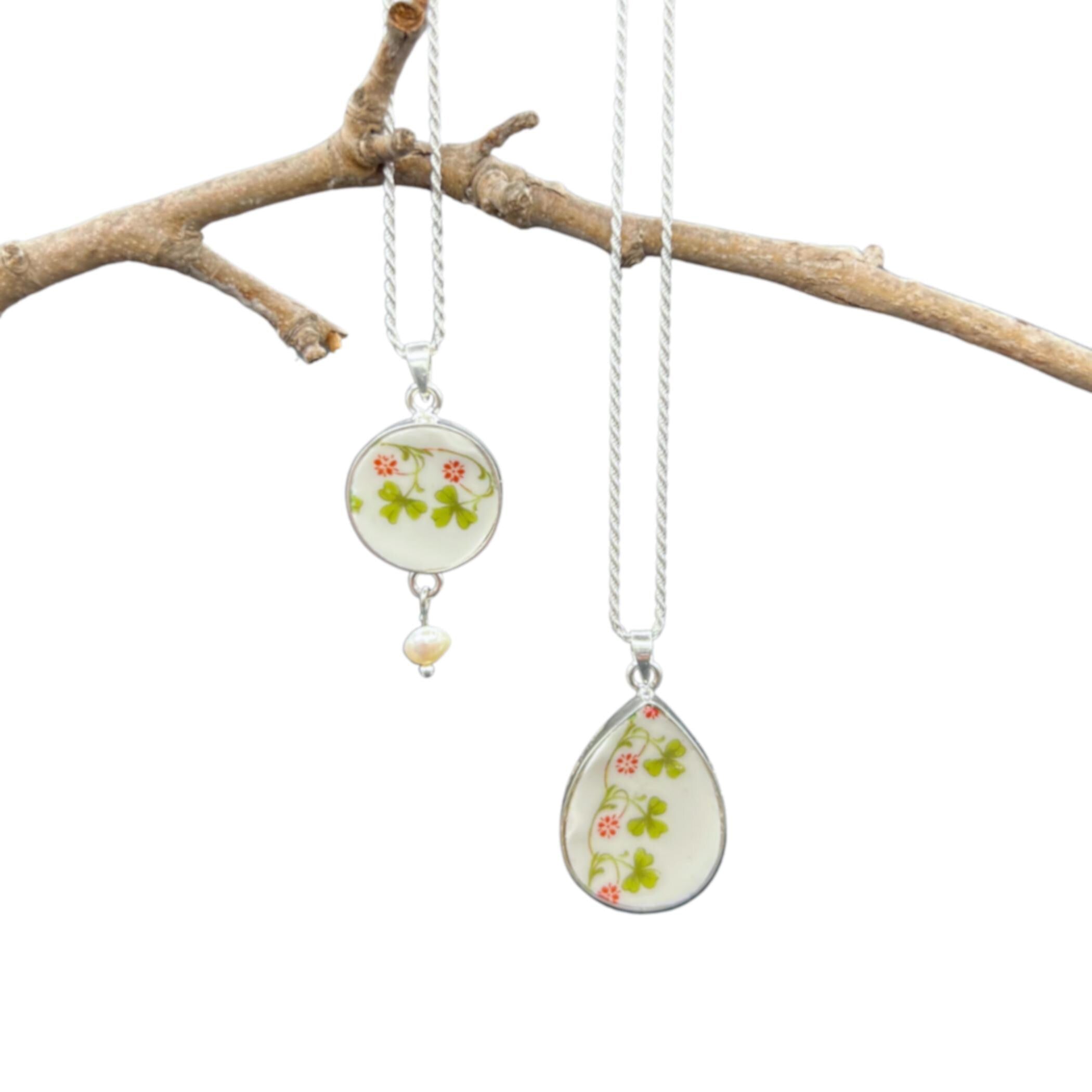 Unique Shamrock Necklace handmade with Sterling Silver & Upcycled Porcelain, Irish Broken China Jewelry St Patricks Day Gift for Women