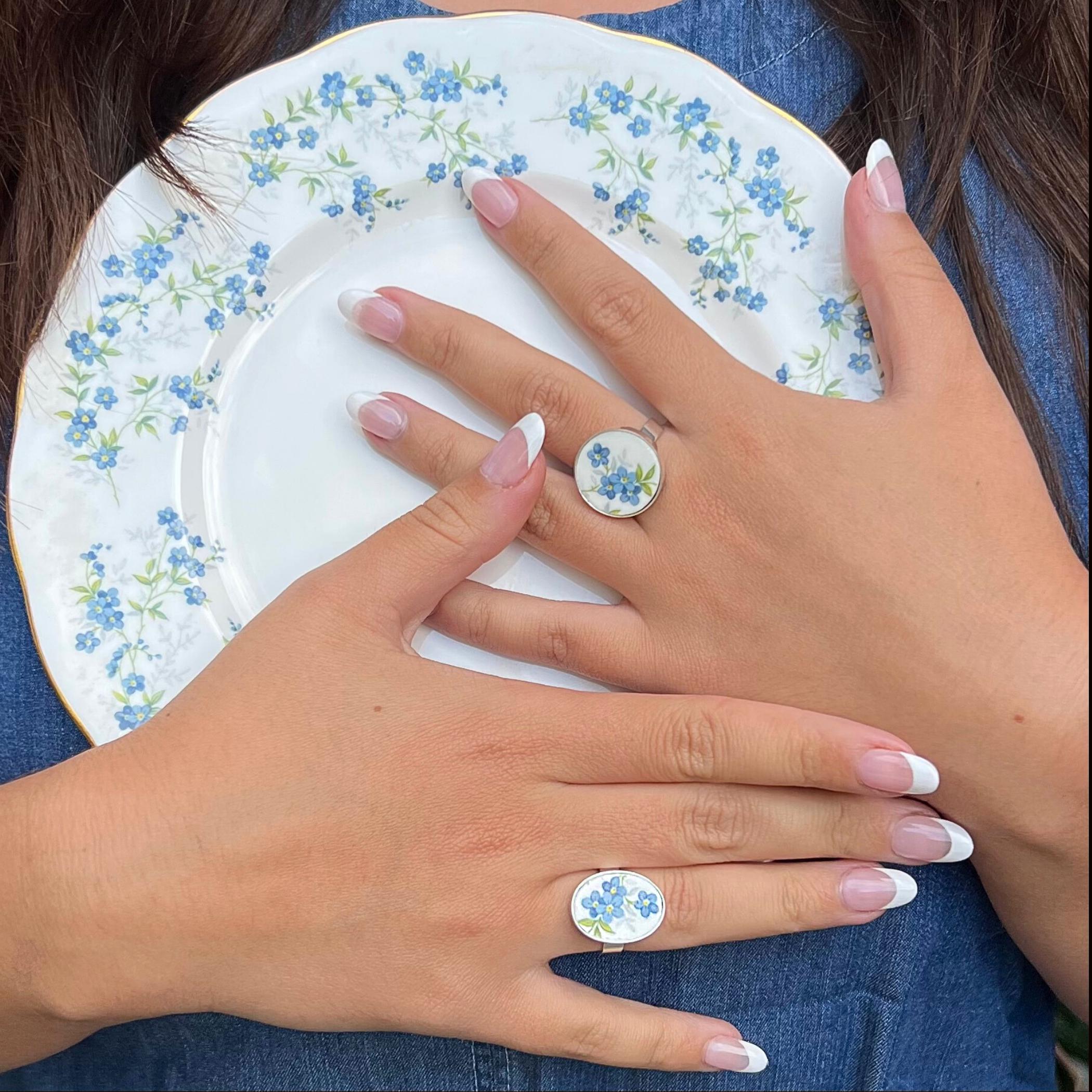 Sterling Silver Forget Me Not Ring handmade from Upcycled Vintage China, Blue Flower Broken China Jewelry Meaningful Valentines Day Gift