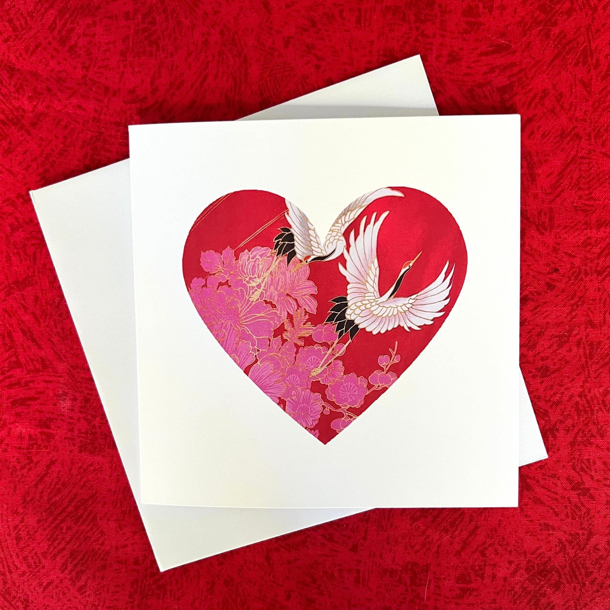 Unique Blank Valentine Card with Vintage Japanese Silk Kimono Red Heart, Traditional Japanese Greeting Cards, Galentines Day Card for Women