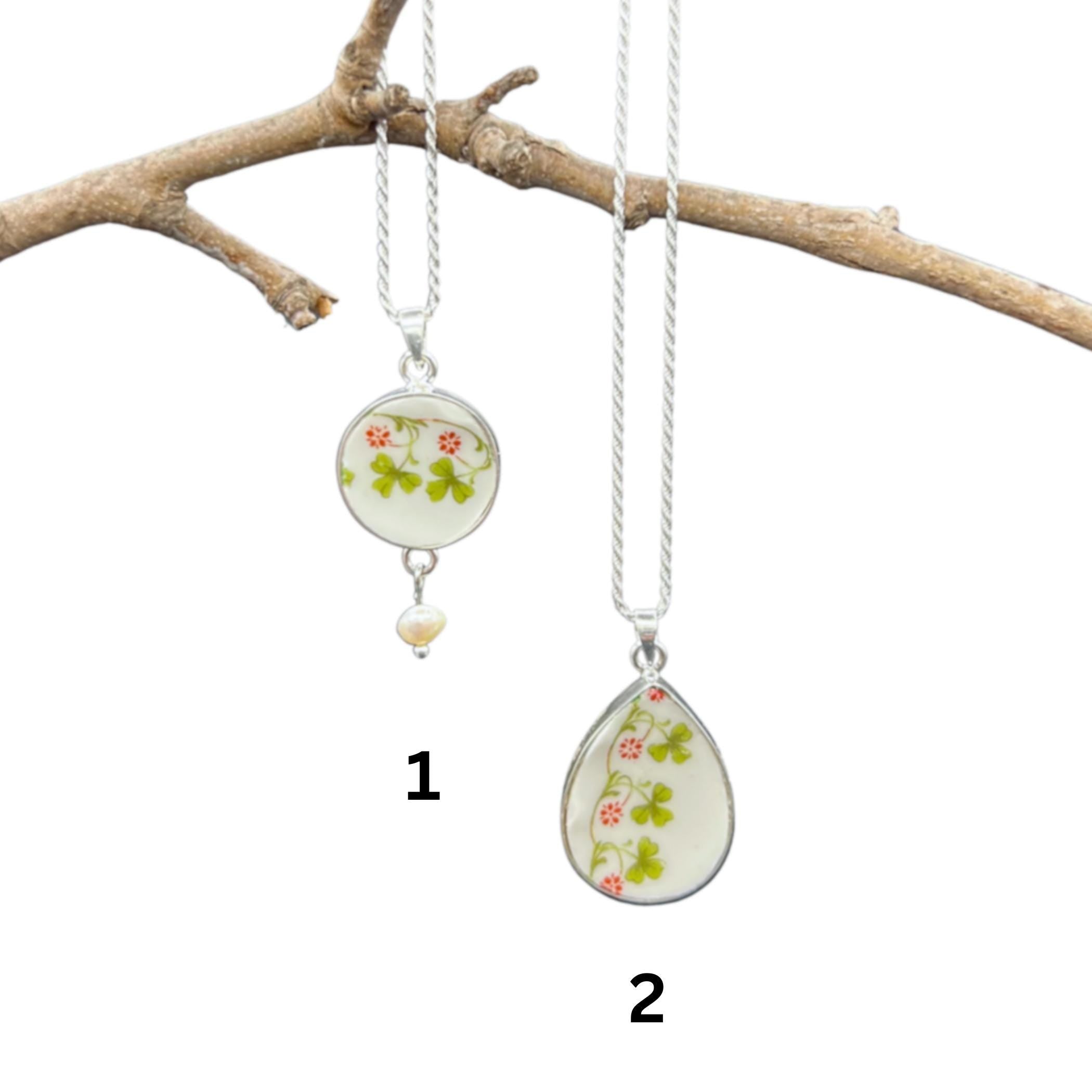 Unique Shamrock Necklace handmade with Sterling Silver & Upcycled Porcelain, Irish Broken China Jewelry St Patricks Day Gift for Women