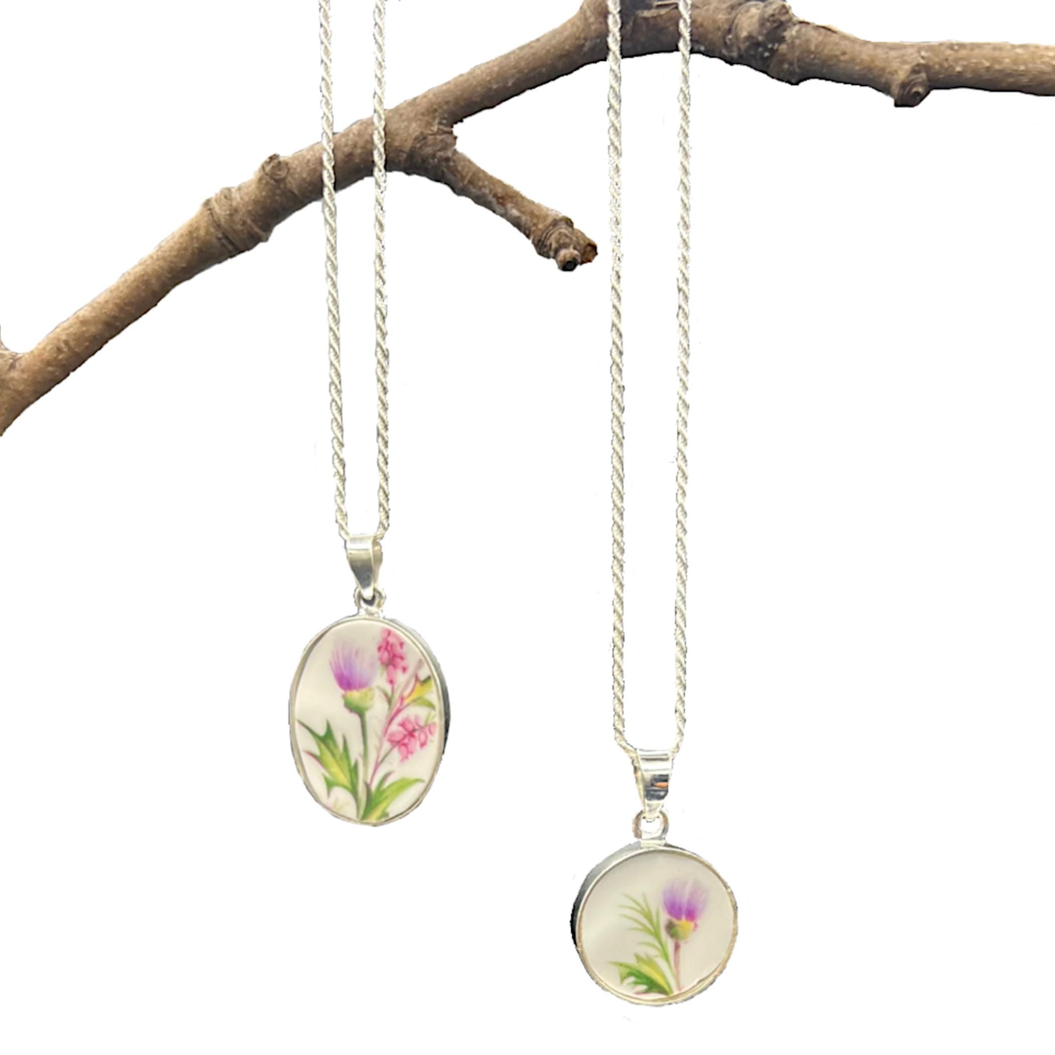 Scottish Thistle Necklace handmade with Sterling Silver & Upcycled China, Thoughtful Birthday Gift of Purple Flower Vintage China Jewelry