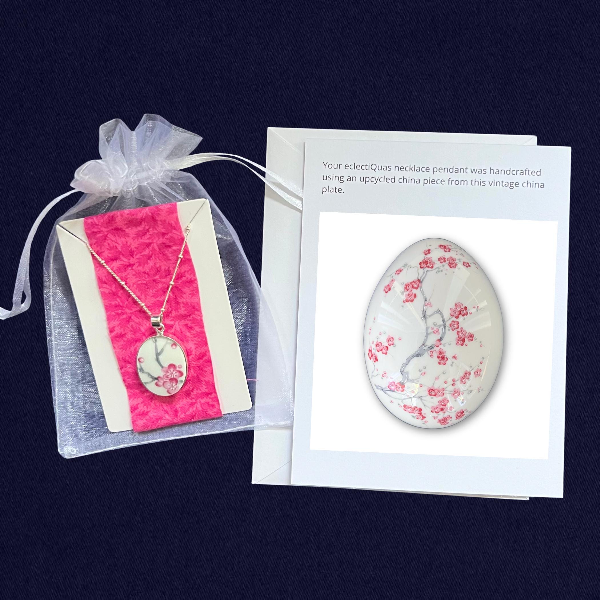 Spring Cherry Blossom Necklace and China Earrings handmade with French Limoges Porcelain & Sterling Silver, Vintage China Jewelry Gift