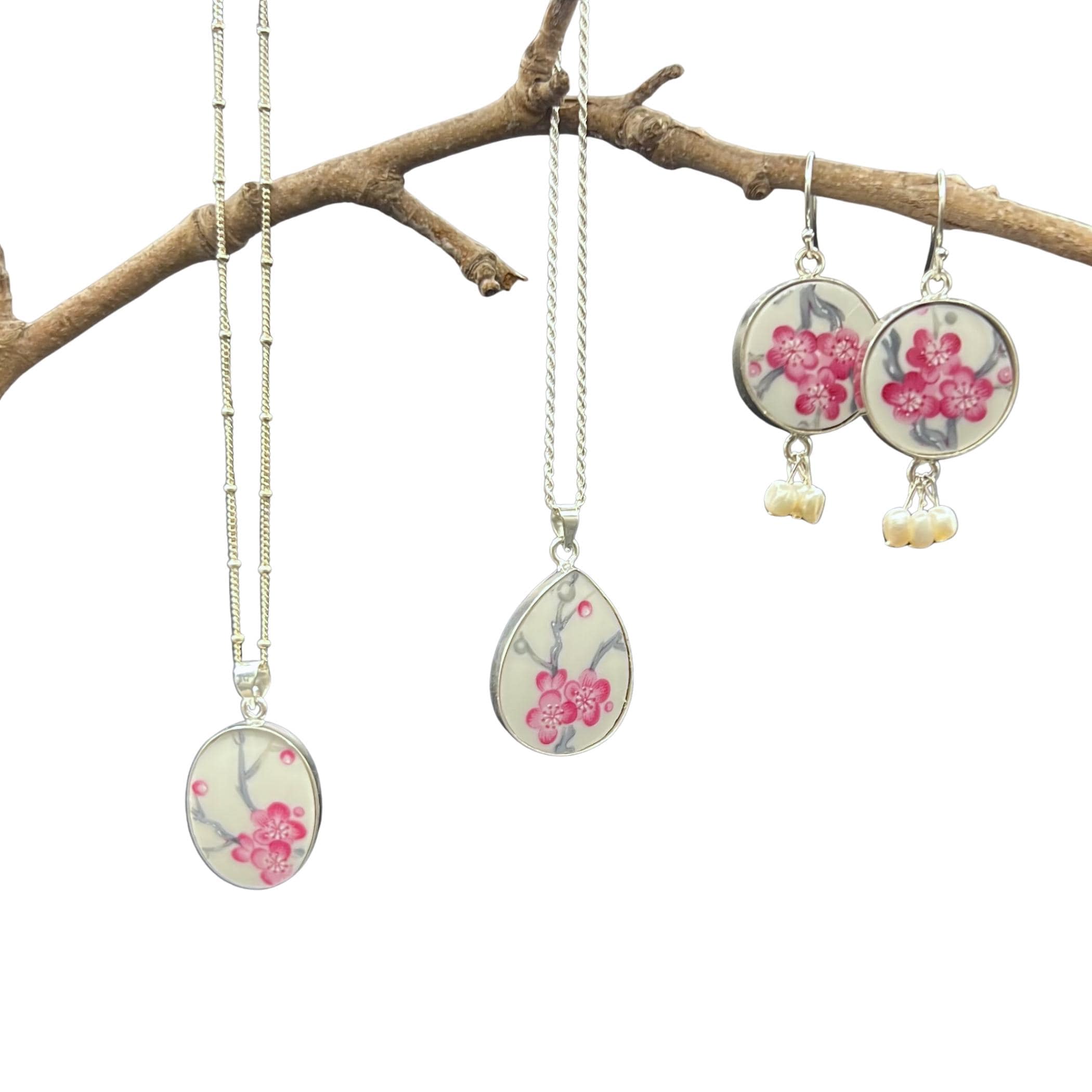 Spring Cherry Blossom Necklace and China Earrings handmade with French Limoges Porcelain & Sterling Silver, Vintage China Jewelry Gift